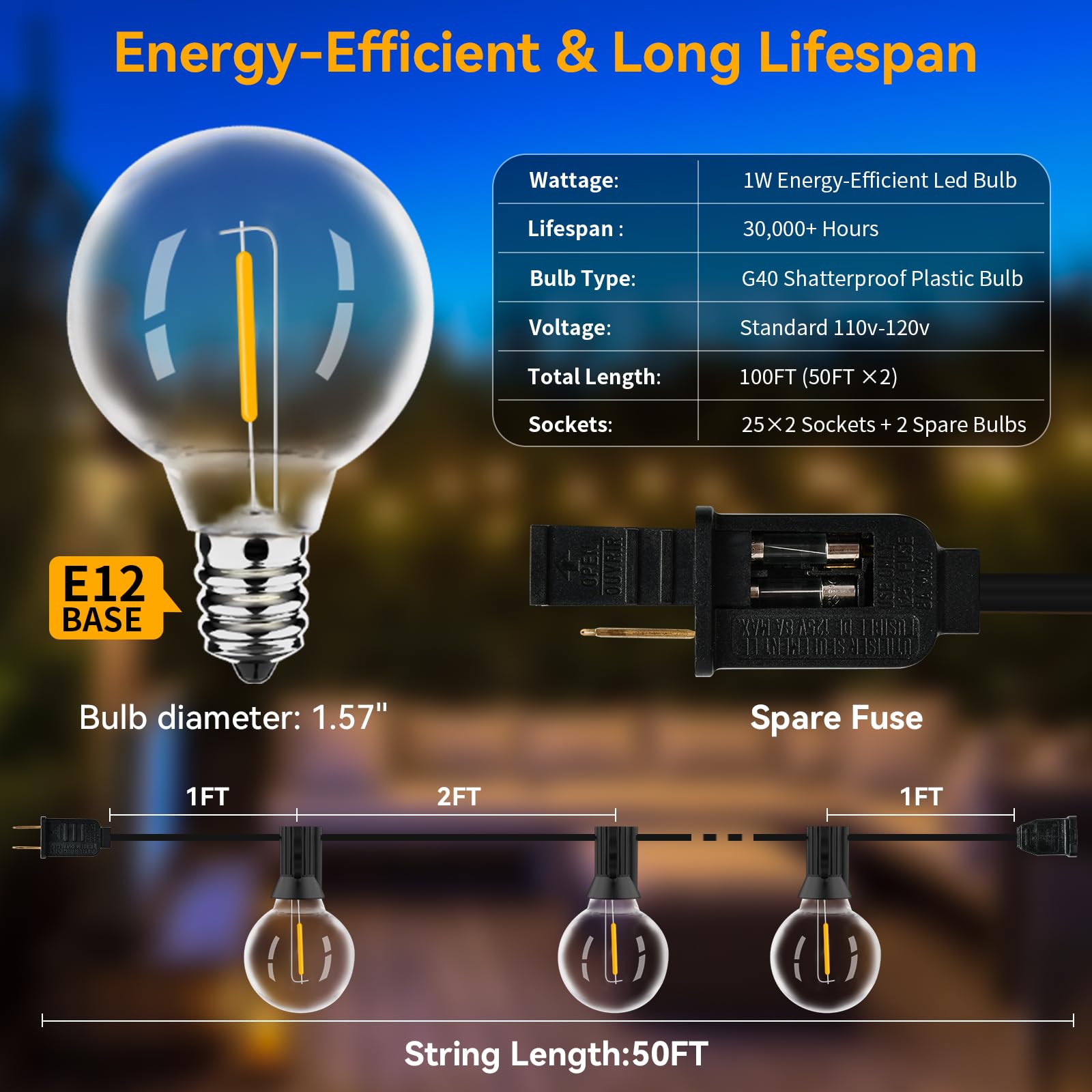 Arbrac 100Ft Outdoor String Lights Waterproof/Connectable/Dimmable With 52 Led Shatterproof Bulbs,2-Pack 50Ft Ul Listed Globe G40 String Lights Outside Lighting For Patio Backyard Cafe Party Wedding Garden