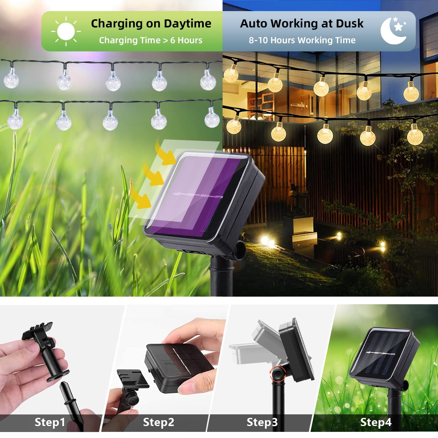 L Lampop Solar String Lights Outdoor Waterproof Ip65 20 Feet Patio Lights With 20 Led Crystal Globe Hanging Light For Backyard Porch Balcony Party Decor, Wedding,Party,Camping (Warm White)