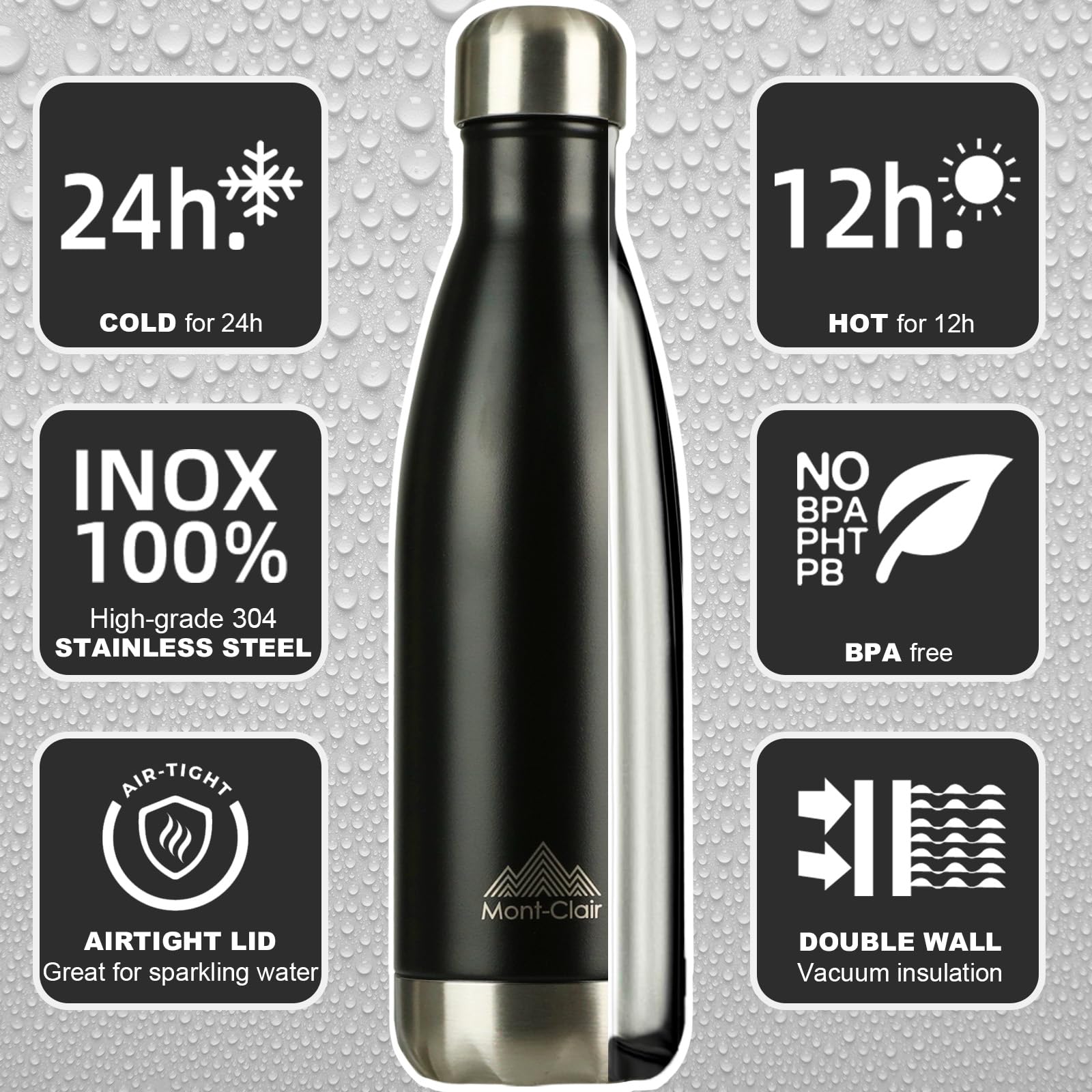 H2O Stainless Steel Water Bottle, Vacuum Insulated 12H Hot & 24H Cold Drinks Bottle