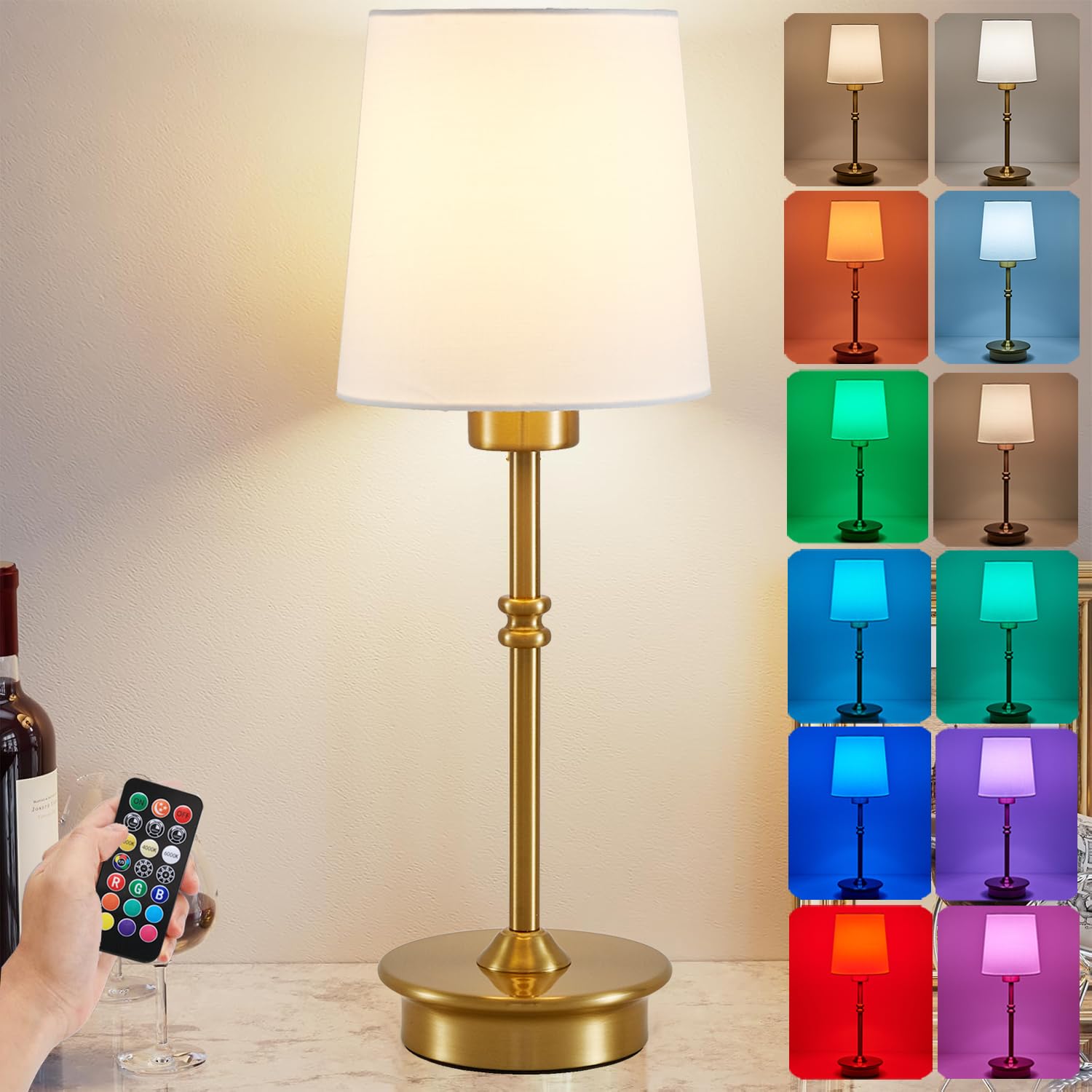 A1A9 Rechargeable Cordless Table Lamp, Brushed Gold Battery Operated Desk Lamps With Detachable Led Bulbs, 13 Colors Dimmable Bedside Lights For Bedroom, Bar, Night Light, Camping