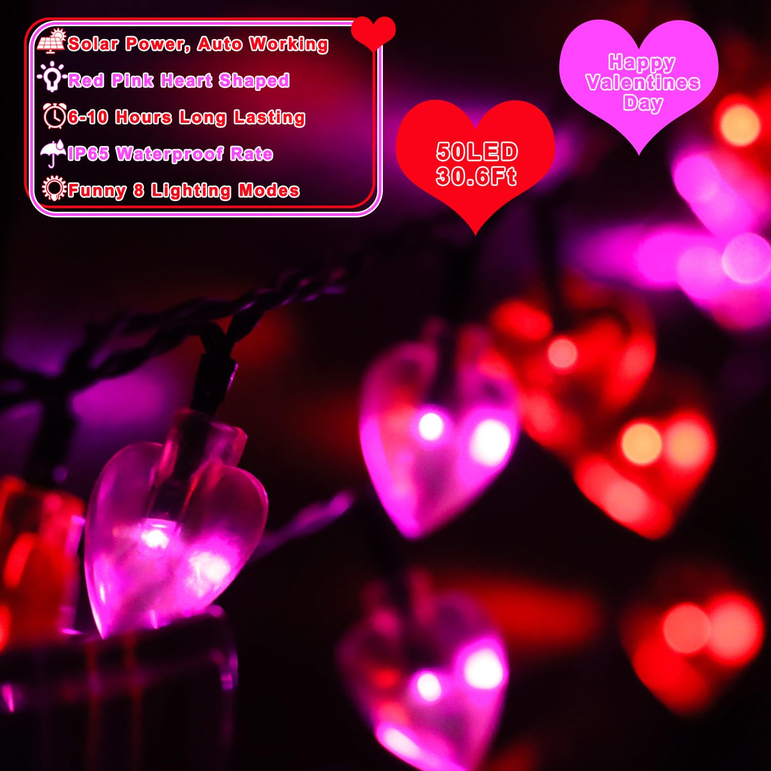Hugsvik 50Led Solar Heart String Lights, 8 Modes Red Pink Heart Lights For Outdoor Garden Yard Balcony Decor