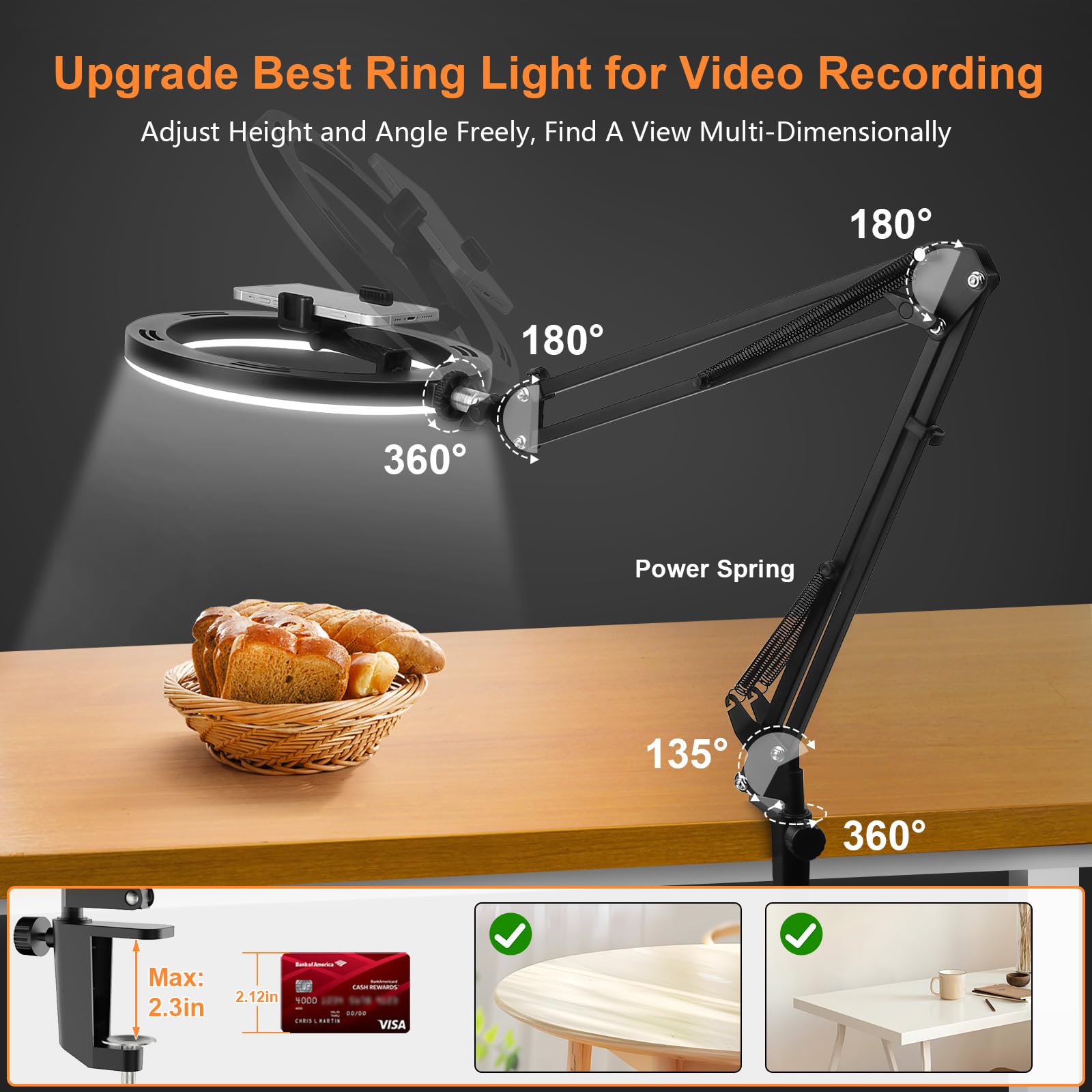 Evershop Ring Light Overhead Camera Phone Mount For Desk, 10” Selfie Light With Stand Tripod For Iphone, Light With Phone Holder For Video Recording,Zoom Meeting,Live Streaming Tiktok,Youtube