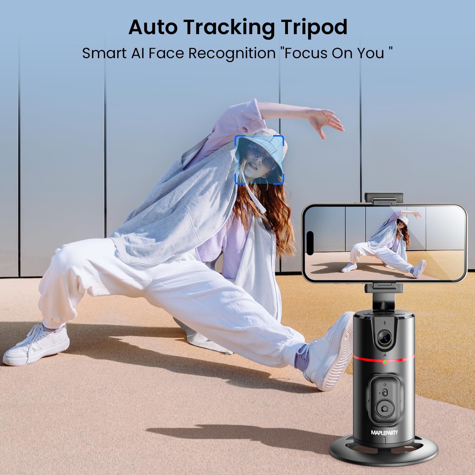 Mapleparty Auto Face Tracking Phone Holder, 360°Rotation Motion Sensor Track Moving Tripod For Iphone With Remote, No App,Gesture Control, Smart Face Body Phone Mount For Live Vlog Streaming Video,Black