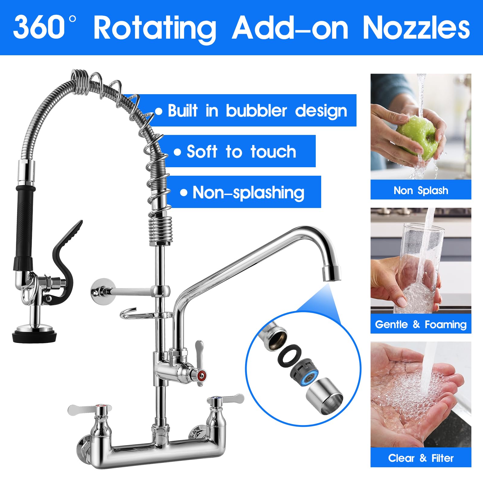 Oierzin Commercial Kitchen Faucet With Pre-Rinse Sprayer 8 Inch Center Wall Mount Kitchen Sink Faucet With Pull Down Spray - 25" Height Compartment Sink Faucets With 12 Inches Add-On Spout