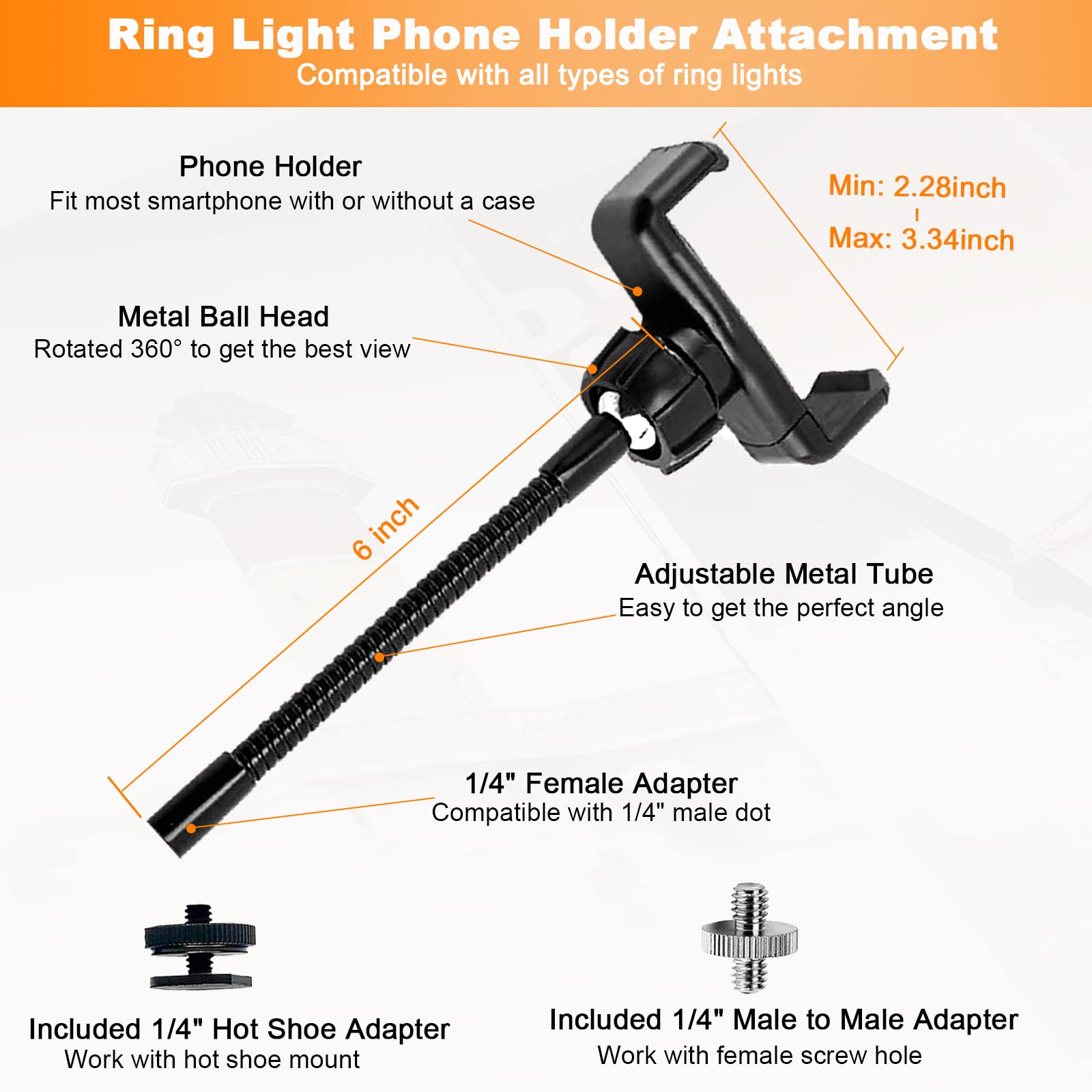 Jctriway Ring Light Phone Holder Universal Phone Holder For Ring Light With 1/4 And Hot Shoe Adapter, Flexible Phone Mount For Ringlight And Tripod Stand