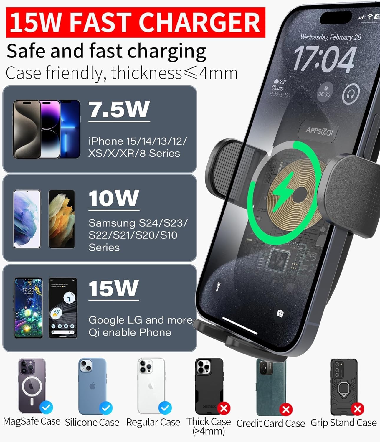 Apps2Car Car Cup Phone Holder Wireless Charger With Qc 3.0 Adapter, 15 Watt Qi Fast Charging, Compatible With Iphone 11/12/13/14/15/16/Pro/Max/Plus And Universal All Models Phone Holder