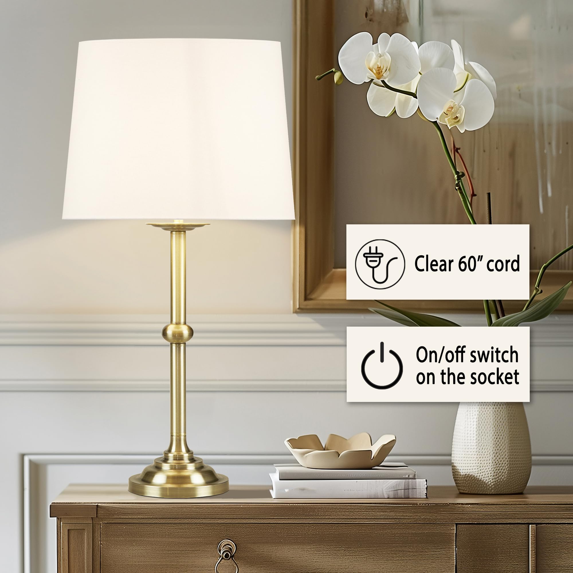 Hampton Hill Aelorian Table Lamp - Antiqued Brass Nightstand Bedside Lamp Bedford Collection, Farmhouse Study Lamp, Clear Polarized Cord, Socket Swtich, Empire Fabric Shade, 22.5" H