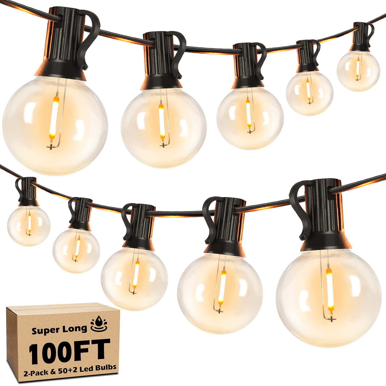 Brightever 100Ft Led Outdoor String Lights Patio Light With 52 Shatterproof G40 Dimmable Globe Bulb, 2-Pack 50Ft Waterproof Outside Hanging String Light For Christmas Backyard Porch Balcony Gazebo Party