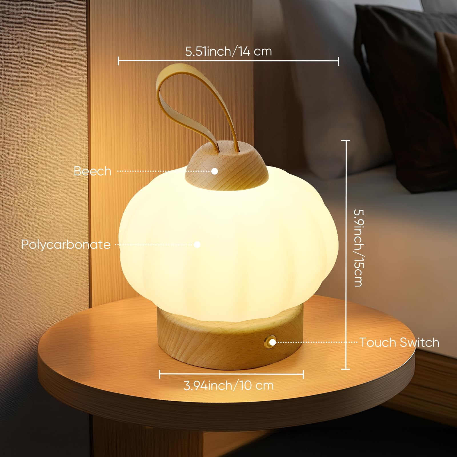 Lonrisway Led Wood Cordless Table Lamp Rechargeable With Dimming Eye-Care Lighting, Portable Touch Lamp For Outdoor Camping Living Room Bedroom Bedside Office Pumpkin Shape Lantern