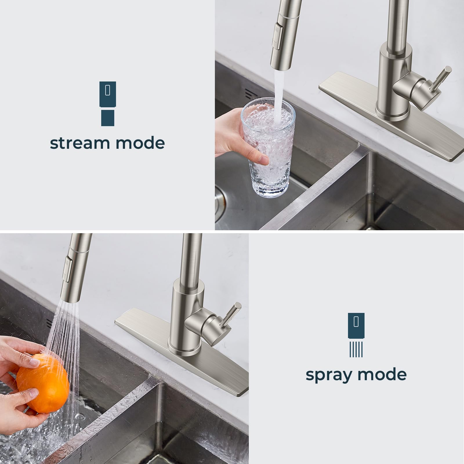 Forious Kitchen Faucet With Pull Down Sprayer, High Arc Modern Classic Sink Faucet Stainless Steel With Deck Plate Fit For 1 Or 3 Hole For Bar Farmhouse Laundry Rv, Nickel Brushed