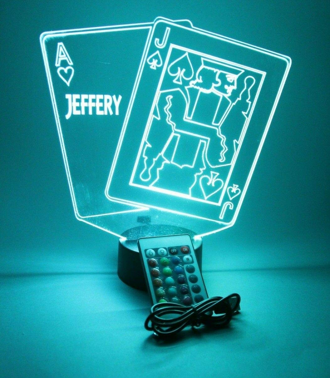 Mirror Mania Ace And Jack Blackjack Playing Cards Night Light Up Lamp Led Personalized Black Jack Twenty One Desk Table Lamp - It'S Wow, With Remote, 16 Colors, Engraved, Great