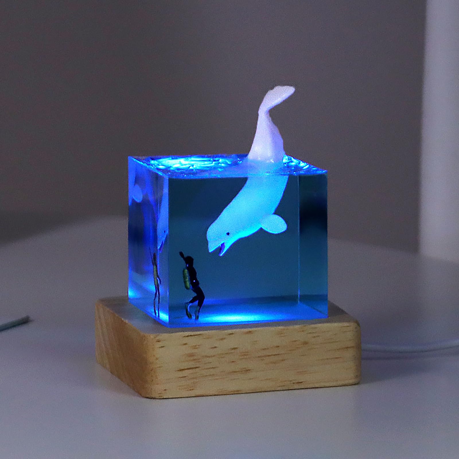 Visiolex Shark Diver Night Lamp, Table Lamp, Handmade Resin Shark Lamp, Ocean Resin Cube Jewelry, Glow-In-The-Dark Night Lamp, Novelty Desktop (Beluga Whale)