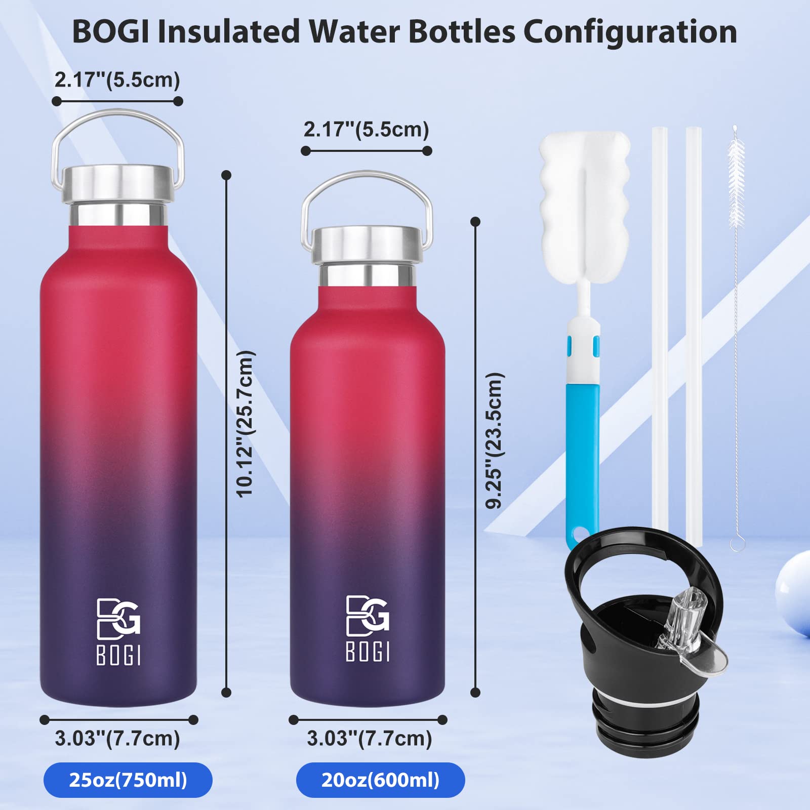 Bogi Insulated Water Bottle 24Oz, Wide Mouth Stainless Steel Water Bottles Leakproof Metal Water