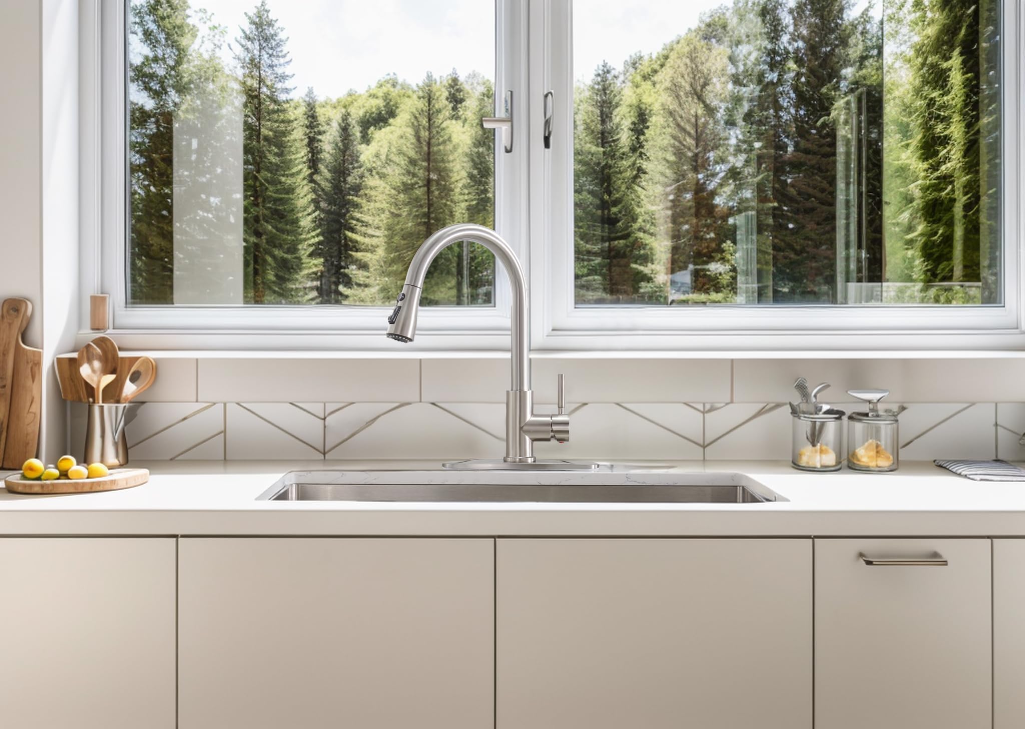 Kingo Home Kingo Kitchen Faucet, Brushed Nickel Kitchen Faucets With Pull Down Sprayer, High Arc Single Handle Stainless Steel Sink Faucets 1 Or 3 Hole, Kitchen Sink Faucets For Farmhouse Camper Laundry Rv Bar