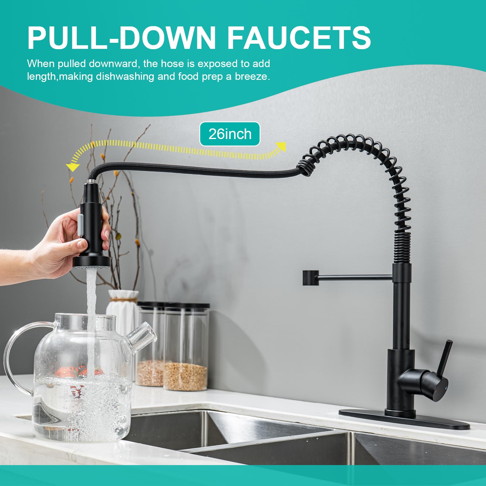 Senzibser Kitchen Faucet With Pull Down Sprayer Kitchen Sink Faucets Single Handle Pull Out Spring Kitchen Faucet Black Stainless Steel Deck Mount Kitchen Faucets For Farmhouse Camper Utility Rv Sinks