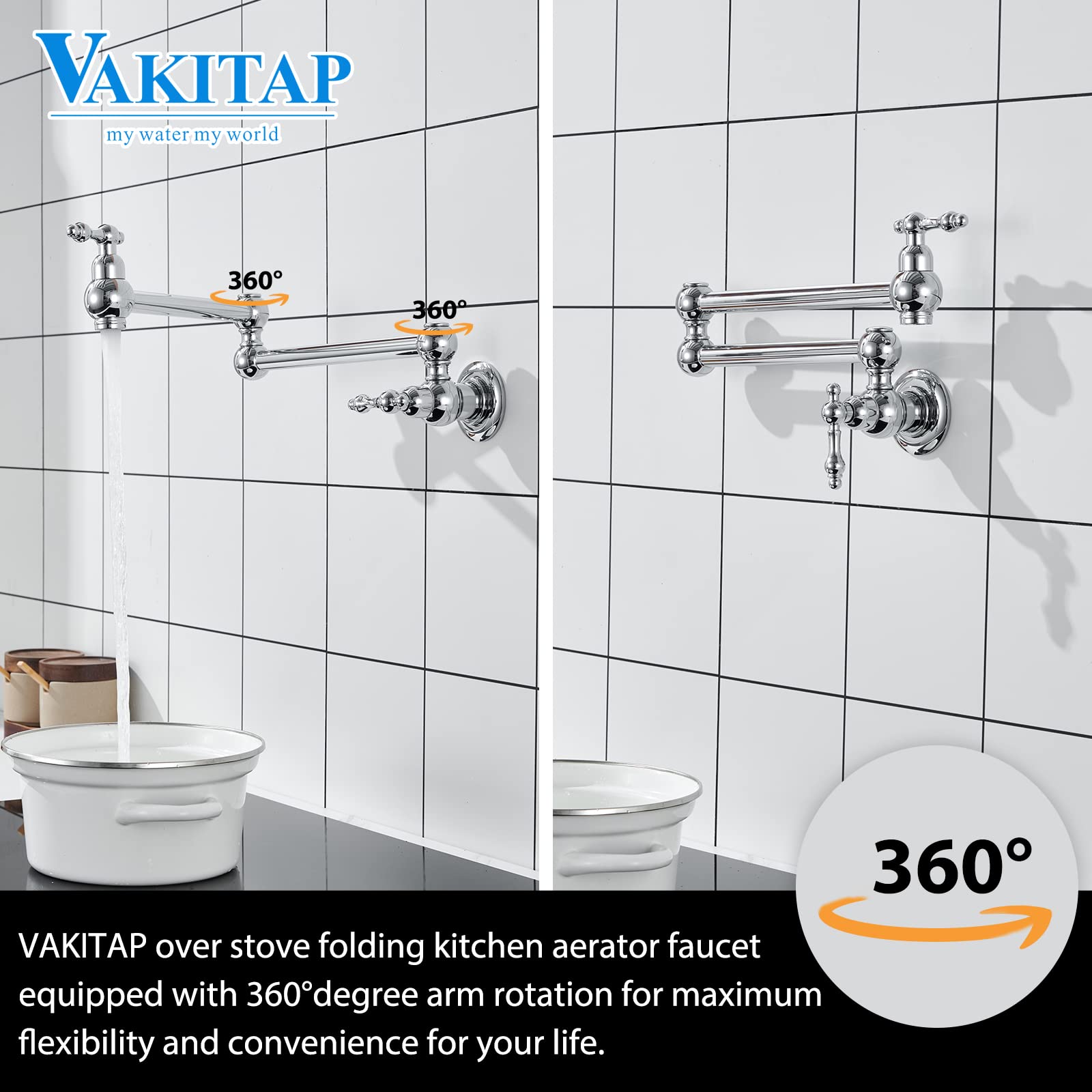 Vakitap Brass Pot Filler Faucet, Wall-Mount Pot Filler With Double Joint Swing Arm, Modern Chrome Over Stove, 3005-Ch