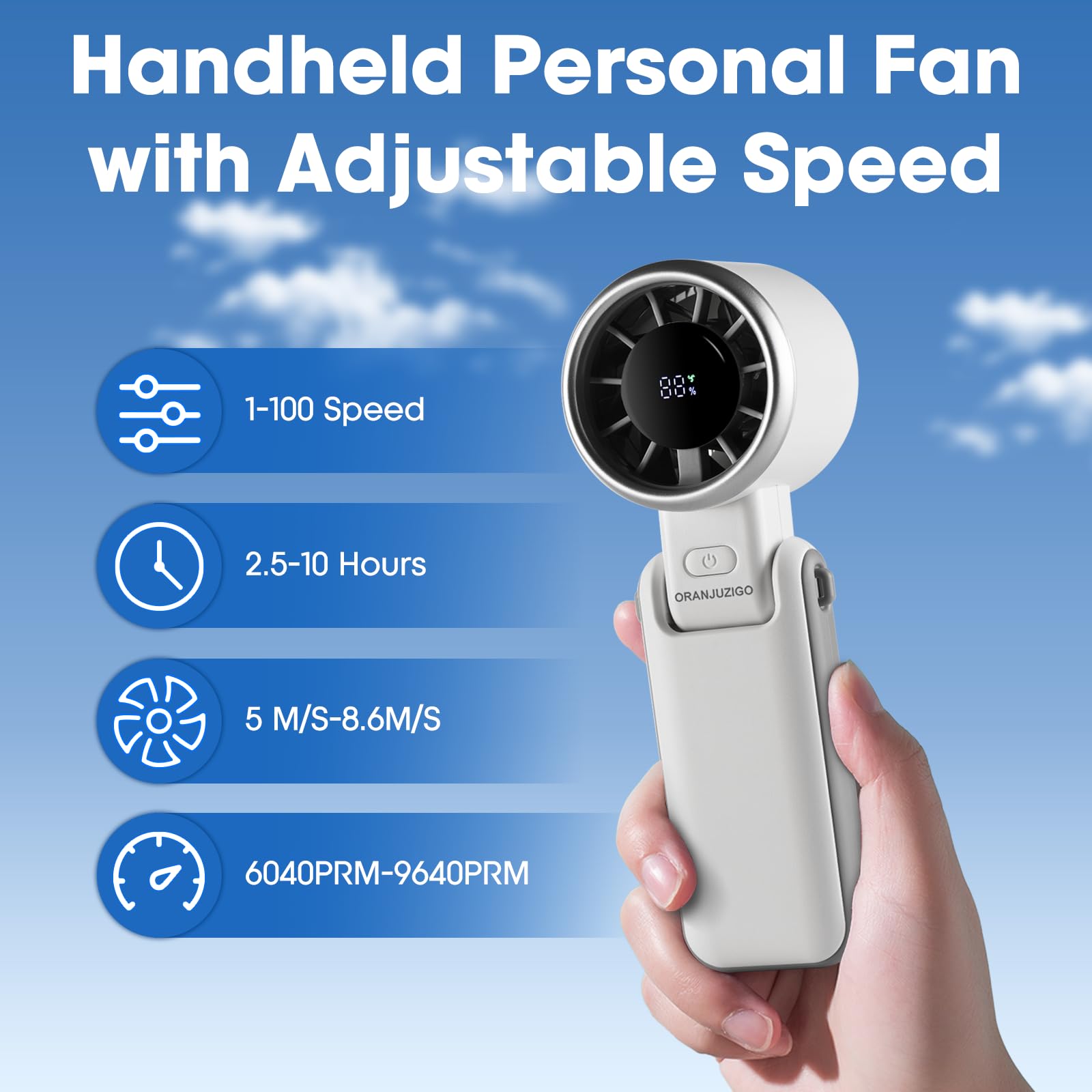 Portable Hand Fan With Smart Digital Display,Foldable Design,5 Speed Adjustable And Usb Rechargeable