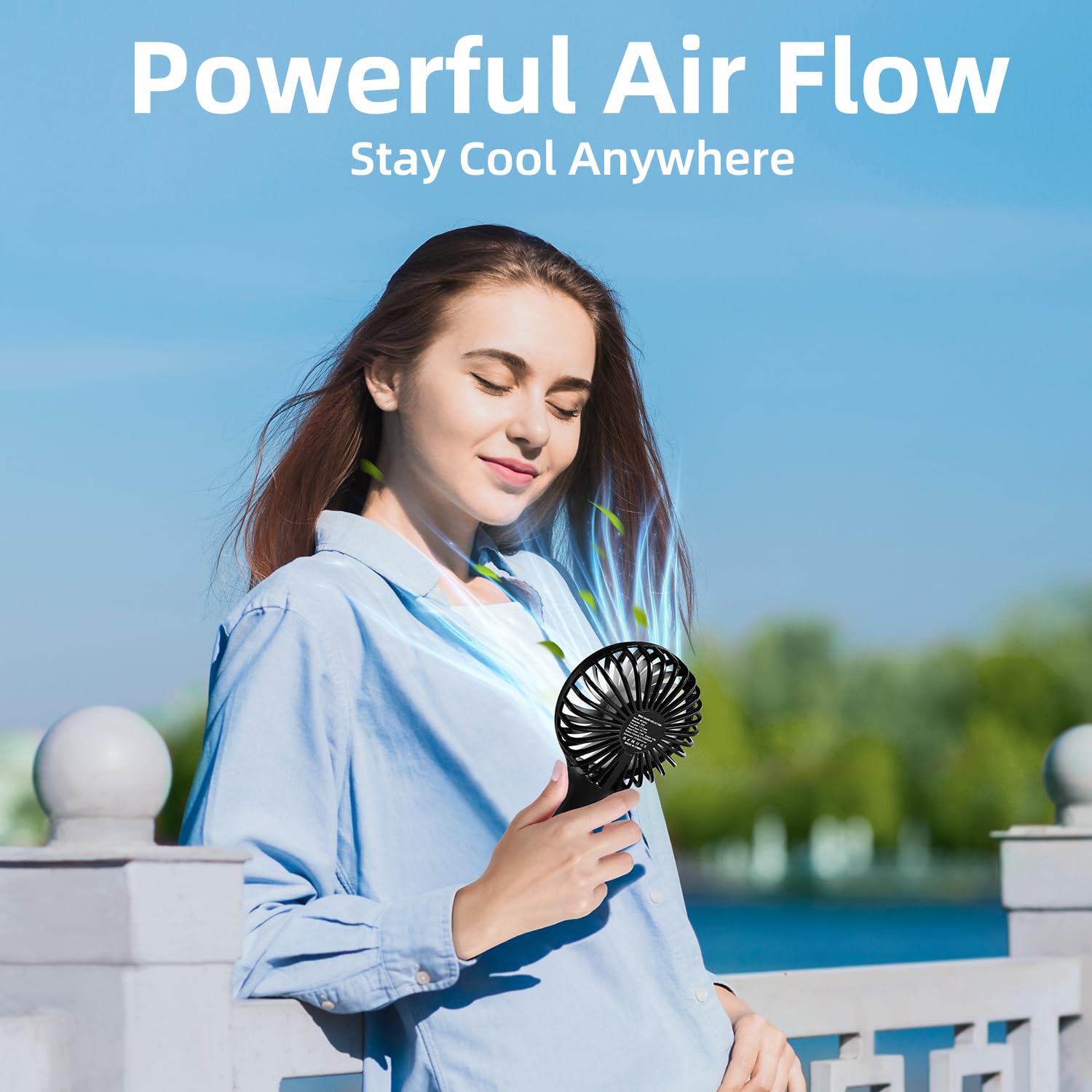 Rechargeable handheld fan by Ambandier with 3 speeds, powerful airflow, and large battery for efficient cooling