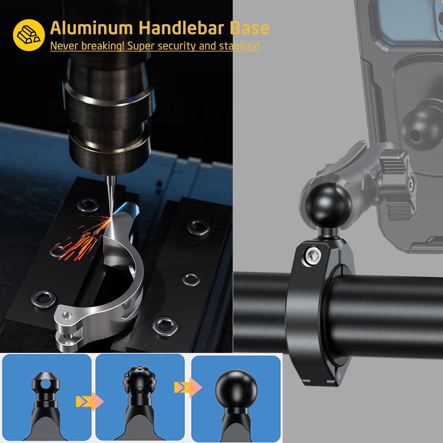 Imestou Waterproof Atv Phone Mount With Anti-Theft Design And 360° Rotation 1“ Ball Base Fits For Atv Utv 1.5''/1.75''/1.85''/2''/2.1'' Handlebars, Suitble For 3.5"-6.1" Smartphones (Size S)