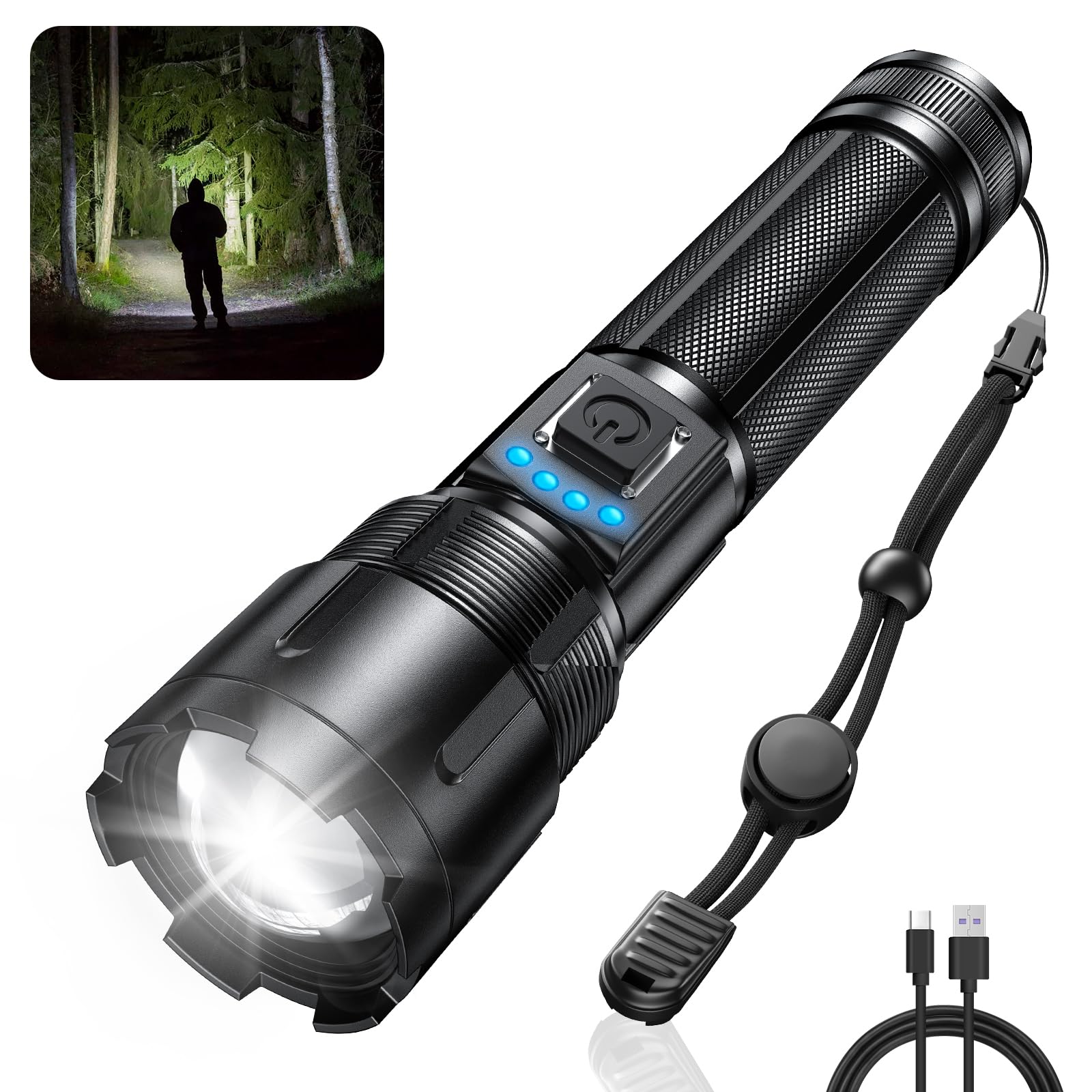 Rechoo Rechargeable Flashlights High Lumens, 990000 Lumens Tactical Flashlights, Super Bright Led Flashlight With 5 Mode & Zoomable, Ip65 Waterproof Flash Light For Camping, Hiking, Emergency, Home