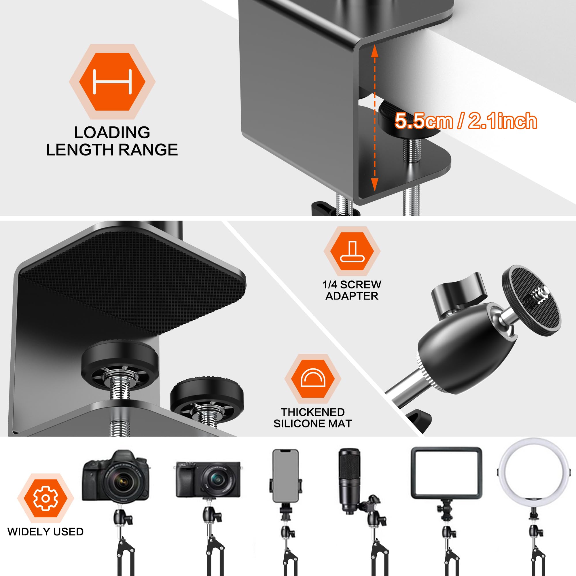 Taisioner Overhead Camera Mount Desk Stand,Thick Desktop Clip,Scalable Desktop Pole,Locking Function,Adjustable Flexible Camera Arm,Tabletop Mount For Dslr Camera/Webcam/Microphone/Lights