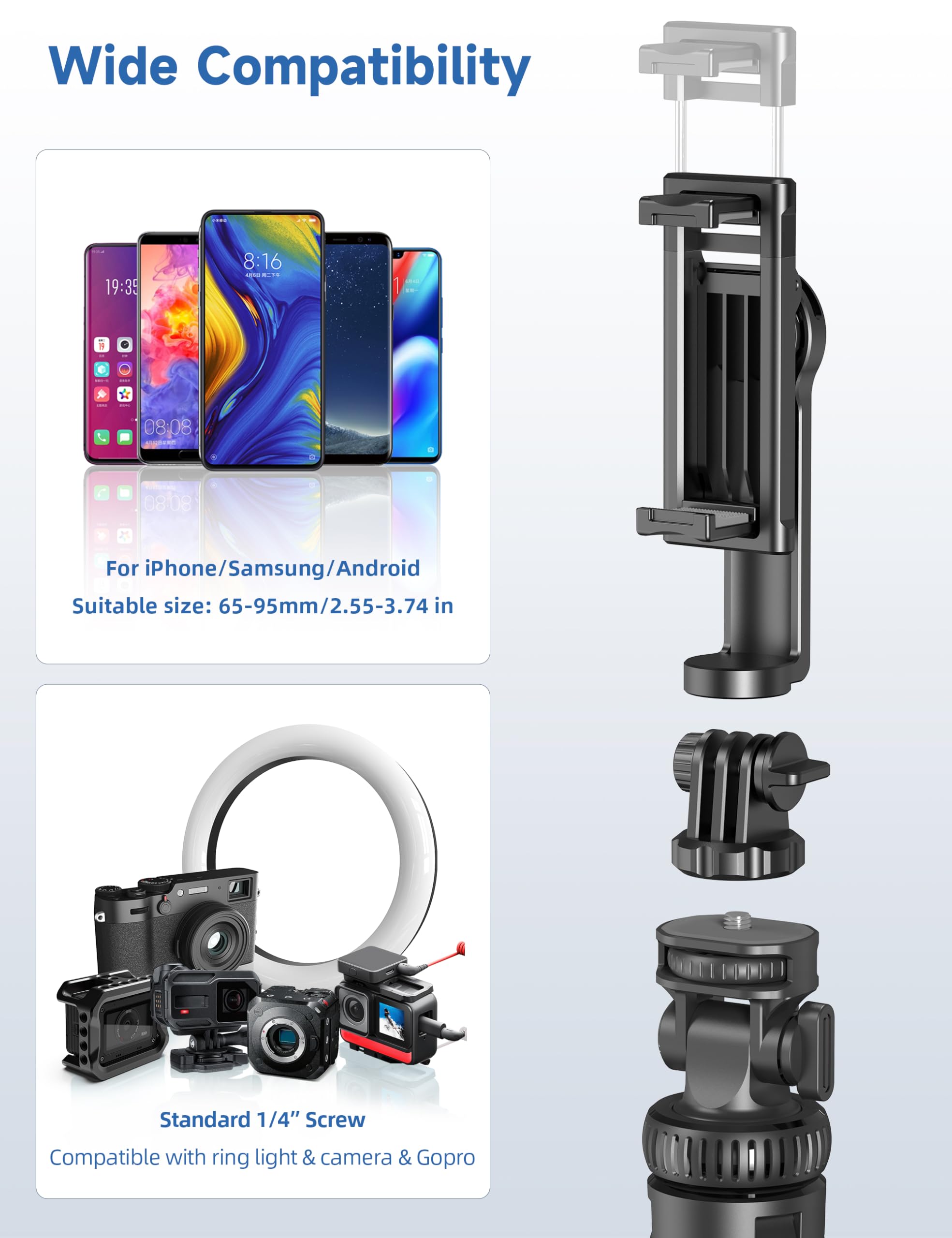Selfieshow 75" Phone Tripod, Selfie Stick Tripod With Remote And Phone Holder, Extendable Tripod For Iphone, Aluminum Cell Phone Tripod Stand 360° Rotation Travel Tripod Compatible With Iphone Android, Gopro