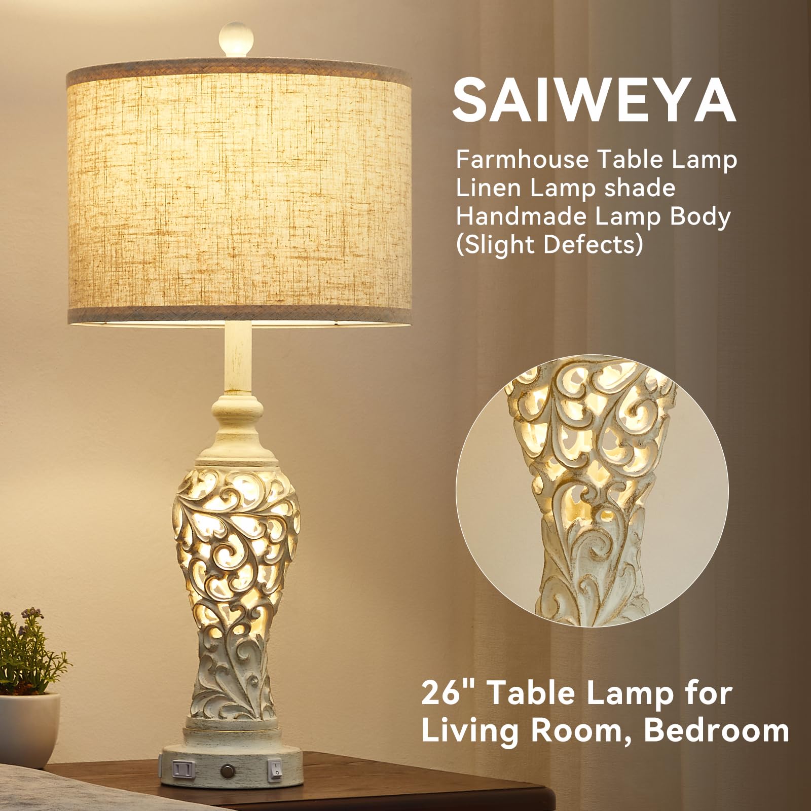 Saiweya 26" Usb A+C Touch Control Table Lamp With Nightlight, 3-Way Dimmable Farmhouse Bedside Nightstand Lamps For Living Room Bedroom (Bulb Included)