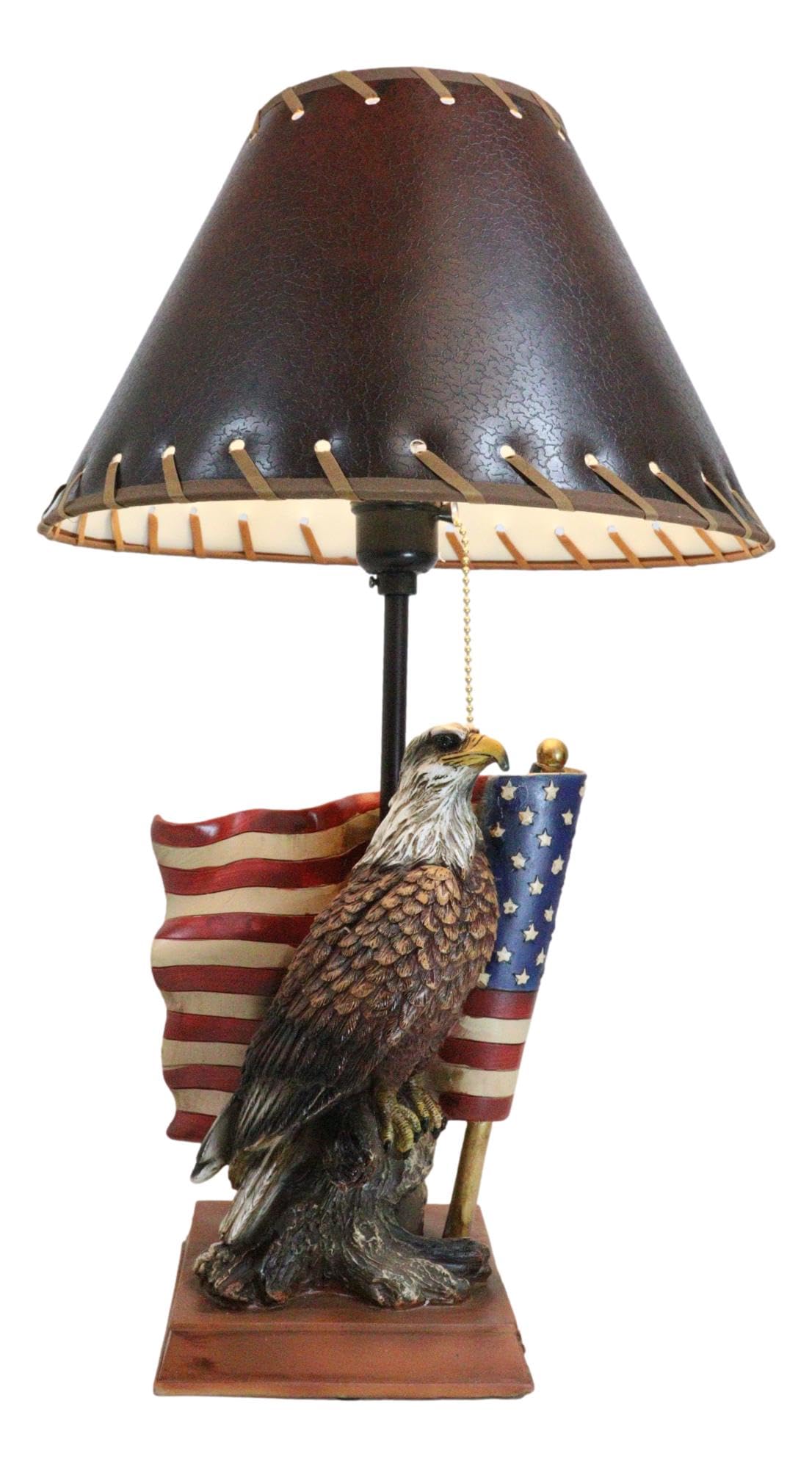 Ebros Gift Rustic Patriotic American Emblem Bald Eagle With Star Spangled Banner Flag Memorial Desktop Side Table Lamp With Brown Faux Leather Laced Shade Land Of The Brave And