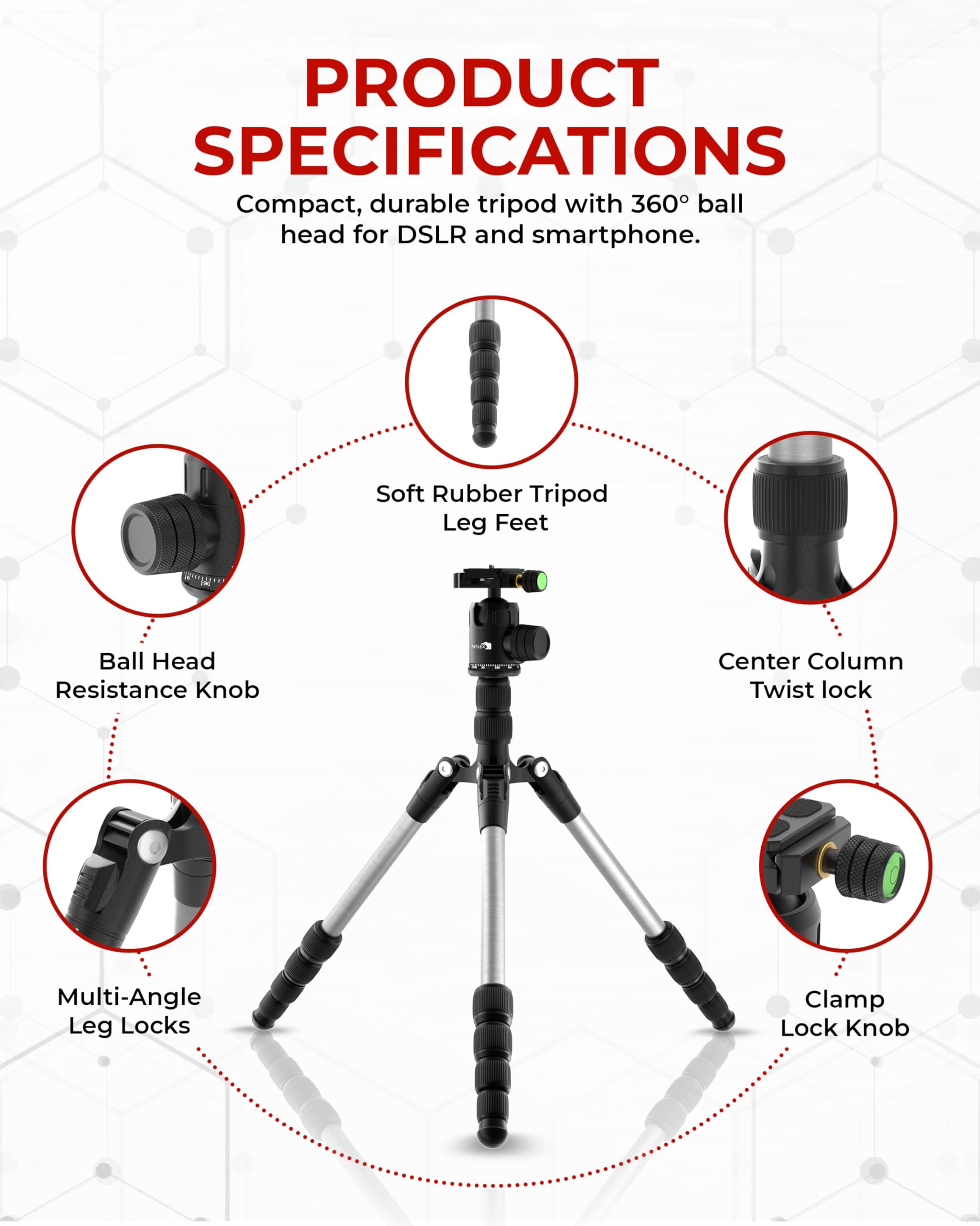 Reflex Camera 76" Extendable Aluminum Lightweight Tripod Stand Up To 190Cm In Height, Lightweight & Portable With 1/4" Screw Thread 180° Rotation, Compatible With Dslr Camera, Lights & Smartphones