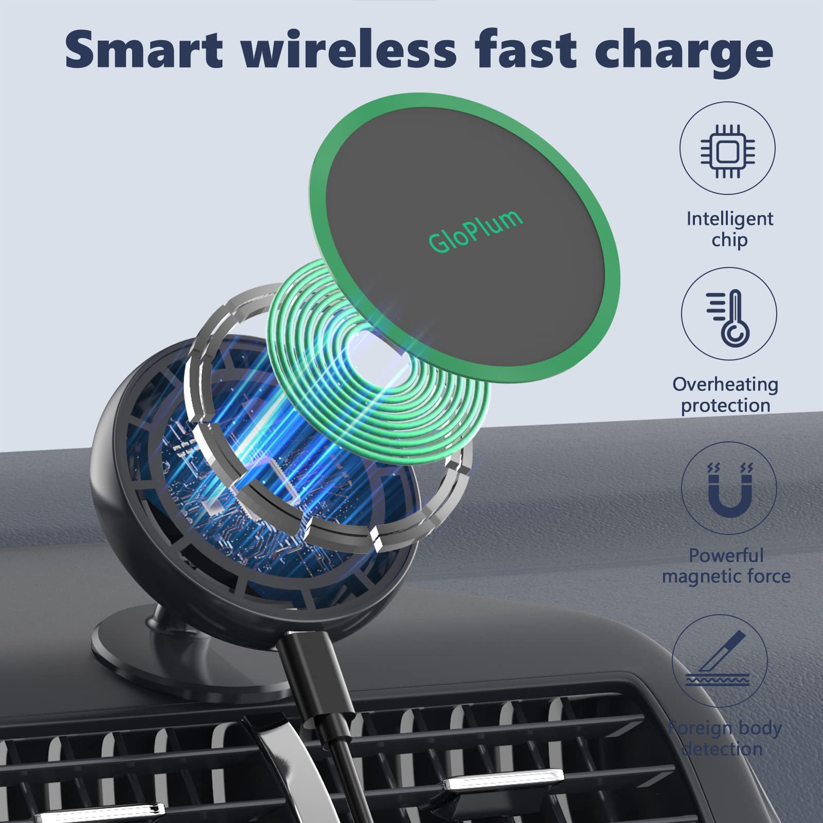 Gloplum Magnetic Wireless Car Charger Mount Compatible With Magsafe Iphone 15/ Iphone 14/Iphone 13, Fast Charging Air Vent Magnet Accessories Car Phone Holder
