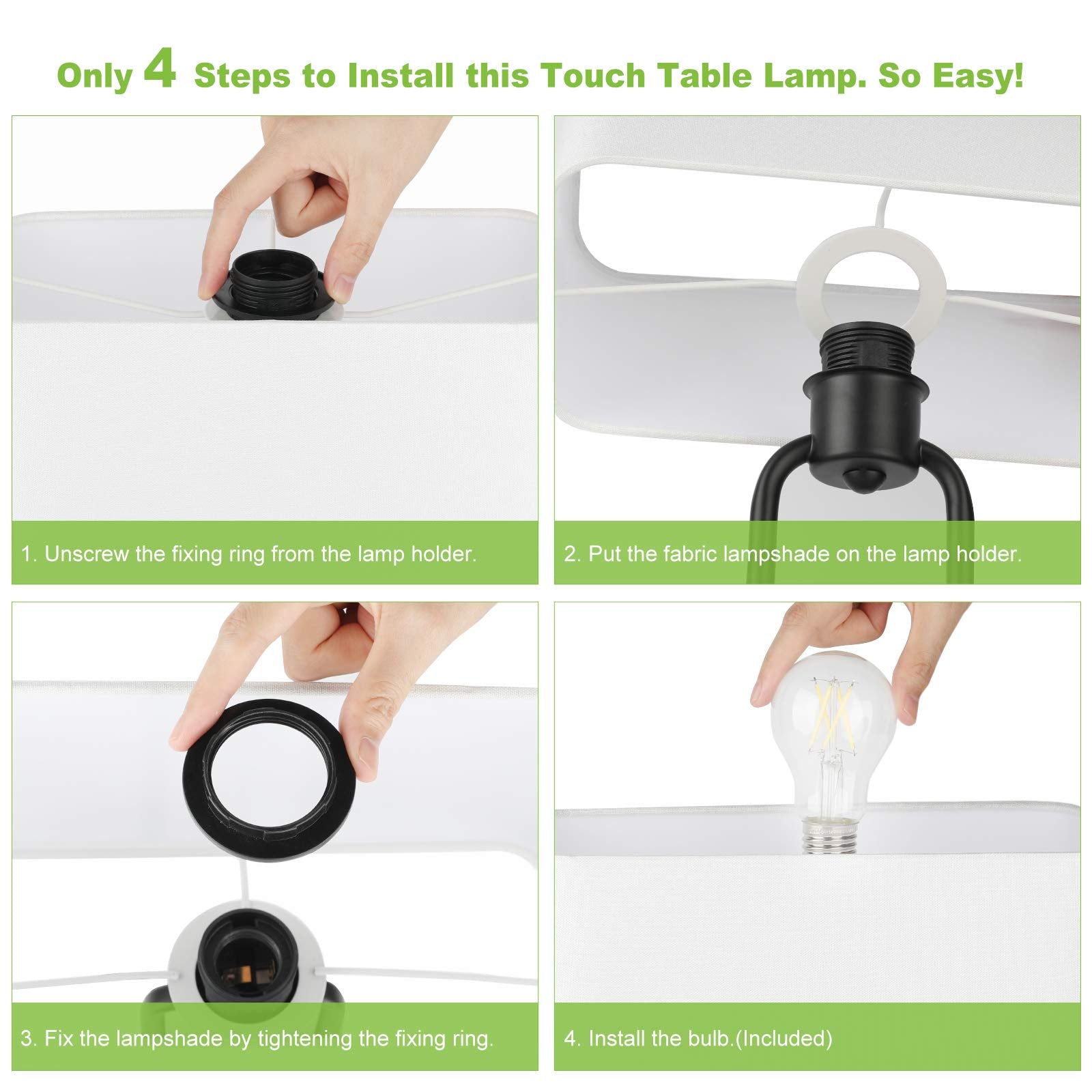 Lakumu Bedside Touch Control Table Lamp With Dual Usb Charging Ports 1 Ac Outlet, 3 Way Dimmable Modern Nightstand Lamp With White Fabric Shade, Desk Lamp For Bedroom Living Room Office With 5000K Led Bulb
