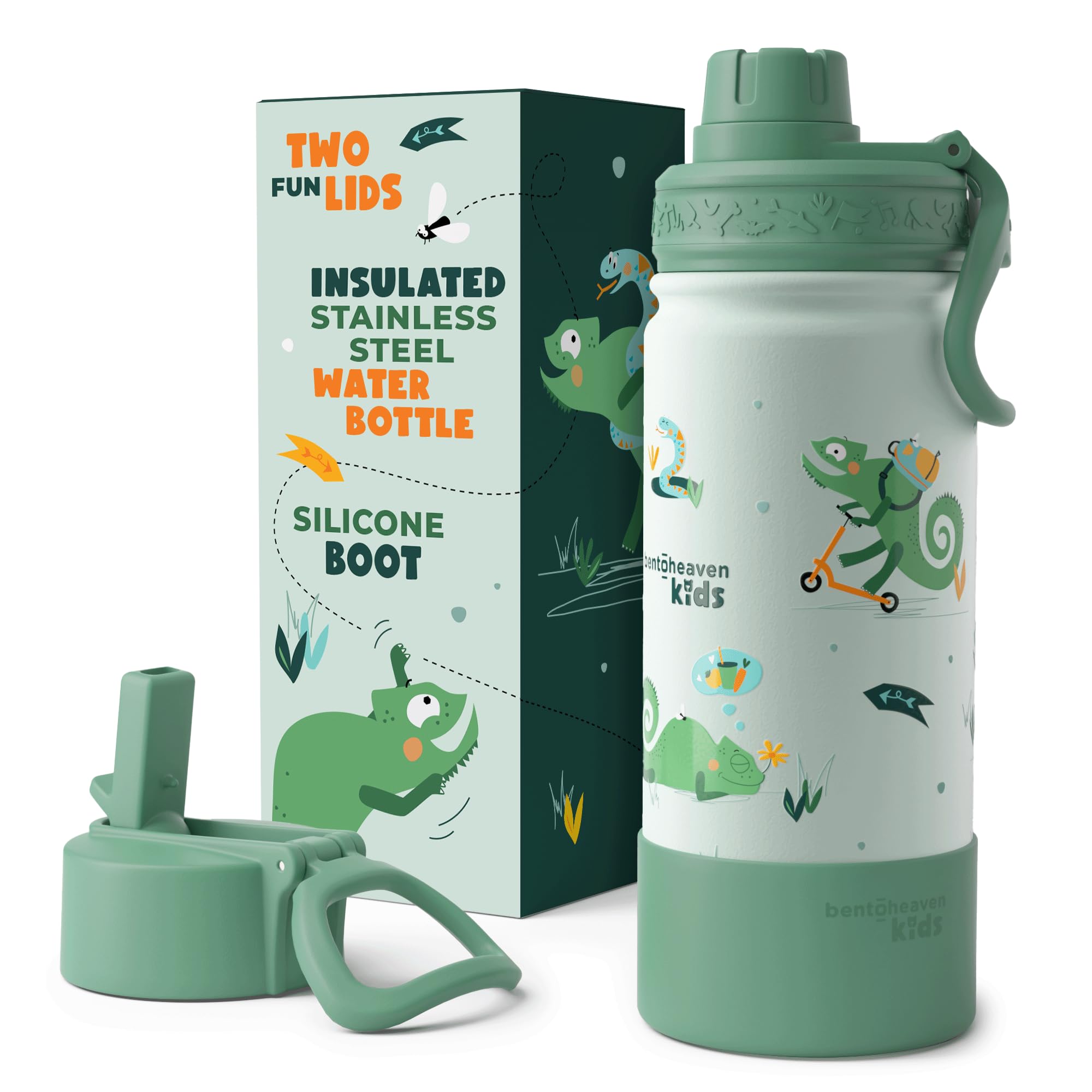 Bentoheaven Kids Water Bottle Stainless Steel For Boys & Girls, 2 Lids (Chug & Straw), Handle