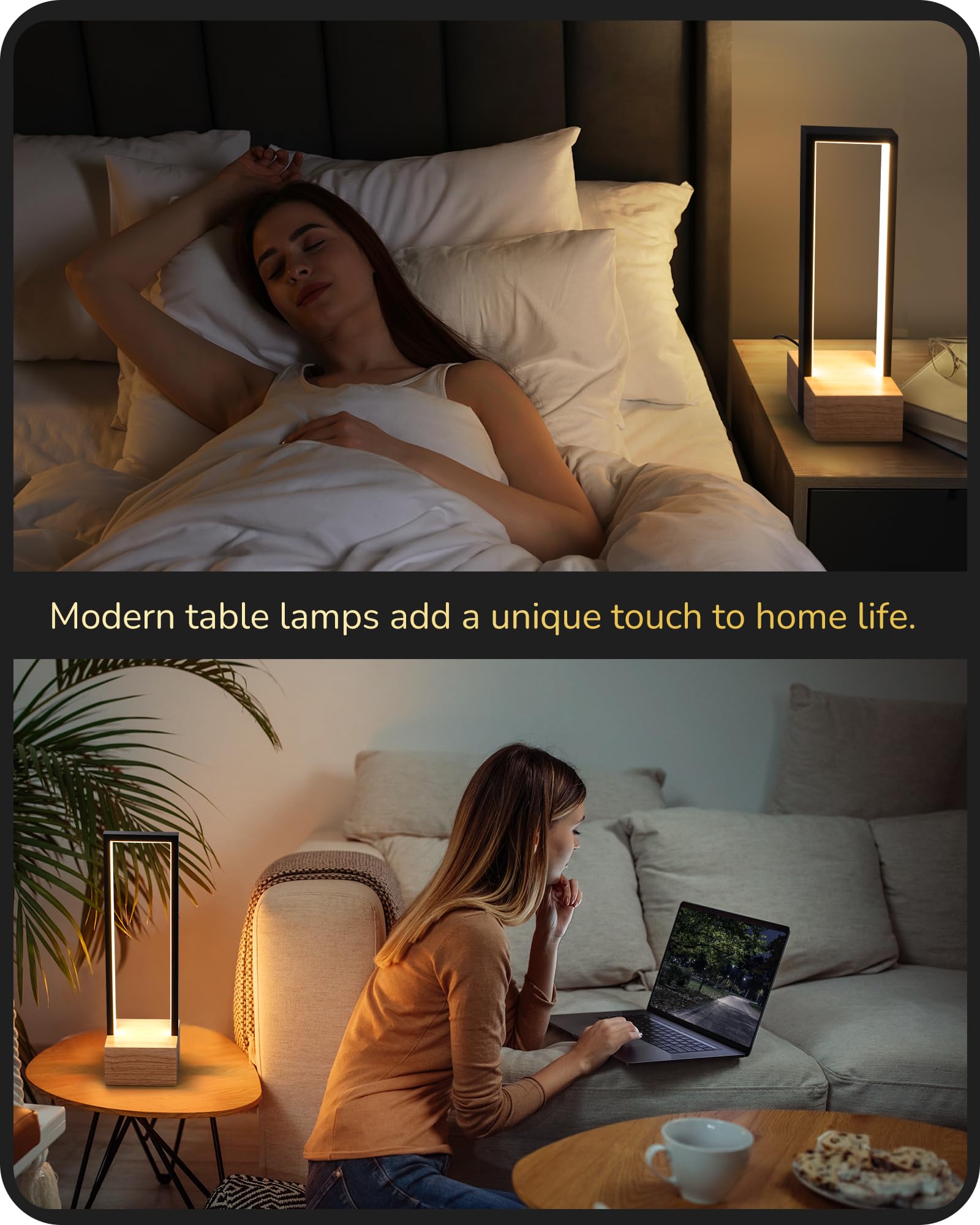 Edishine Modern Table Lamp, Dimmable Led Bedside Lamp With 3 Color Temps 3000K 4500K 6000K, Black Square Aluminum Frame, Complete Wooden Base, Nightstand Lamp For Bedroom