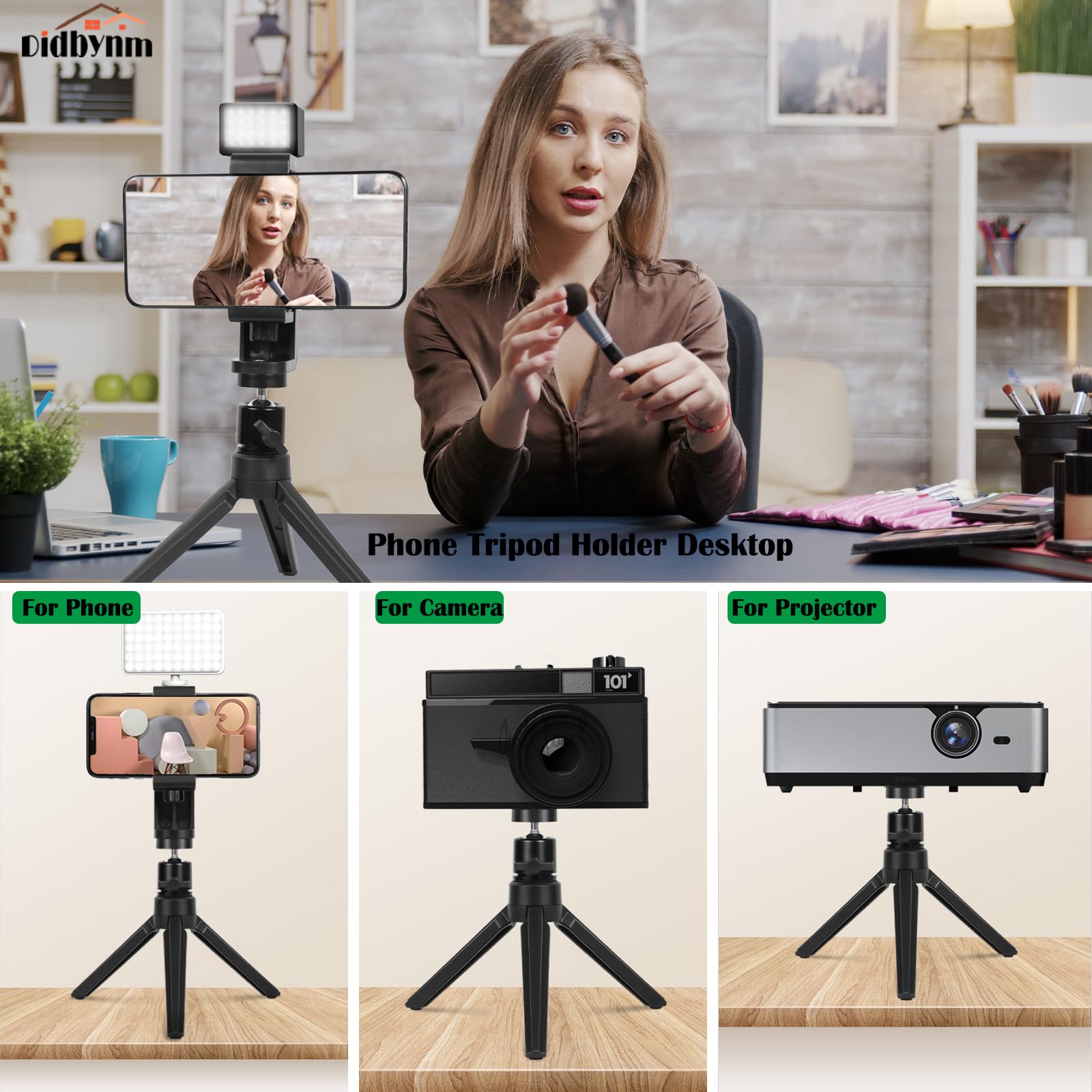 Didbynm Small Phone Tripod,Desktop Iphone Tripod With Cell Phone Clip,Stable-Non-Slip,360°& Width Adjustable Compatible With Iphone/Android/Camera For Record/Vlog