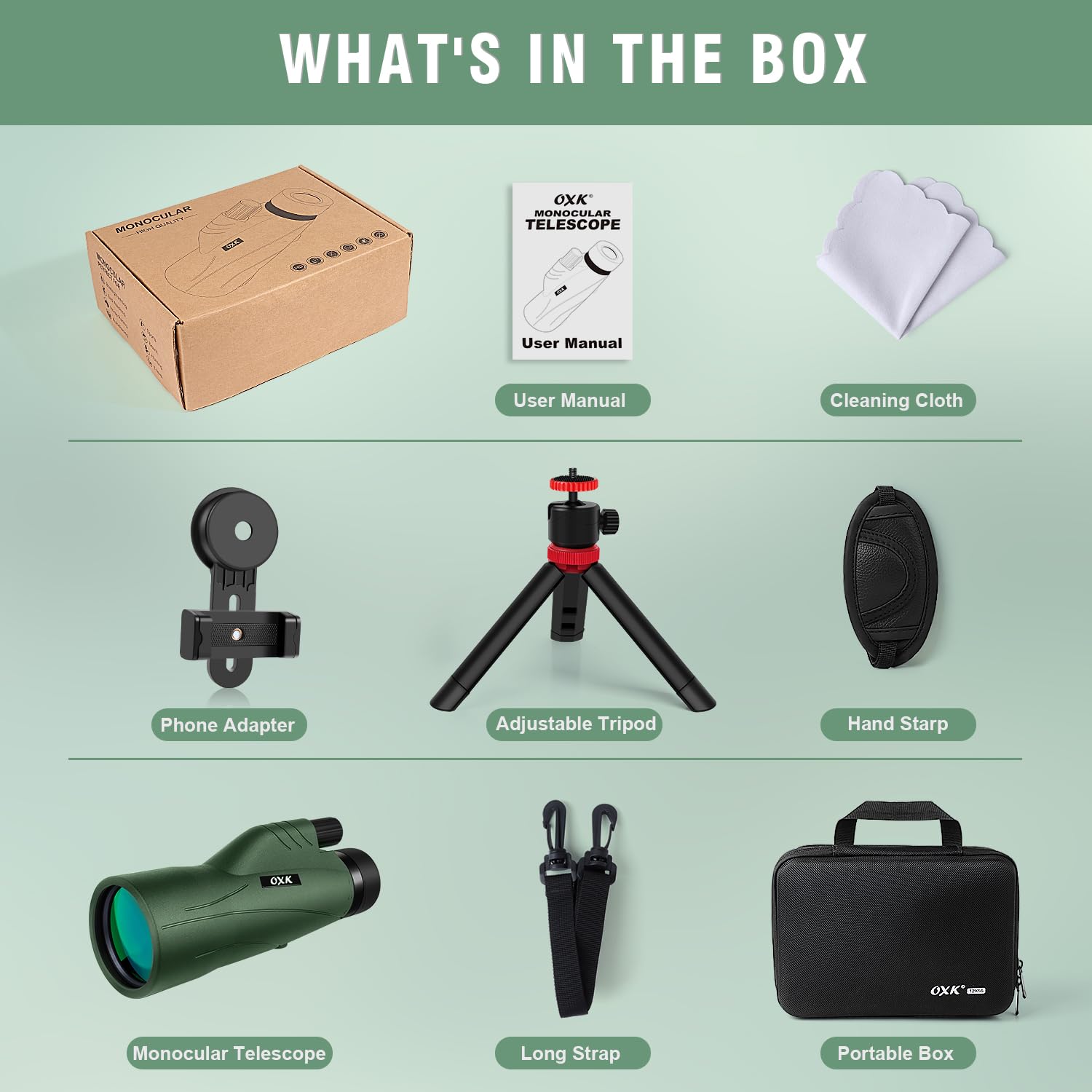 Oxk Optics 12X56 High Power Monocular Telescope With Smartphone Adapter Tripod Bag, Lightweight Monoculars For Adults With Bak4 Prism & Fmc Lens, Suitable For Bird Watching Camping - Army Green