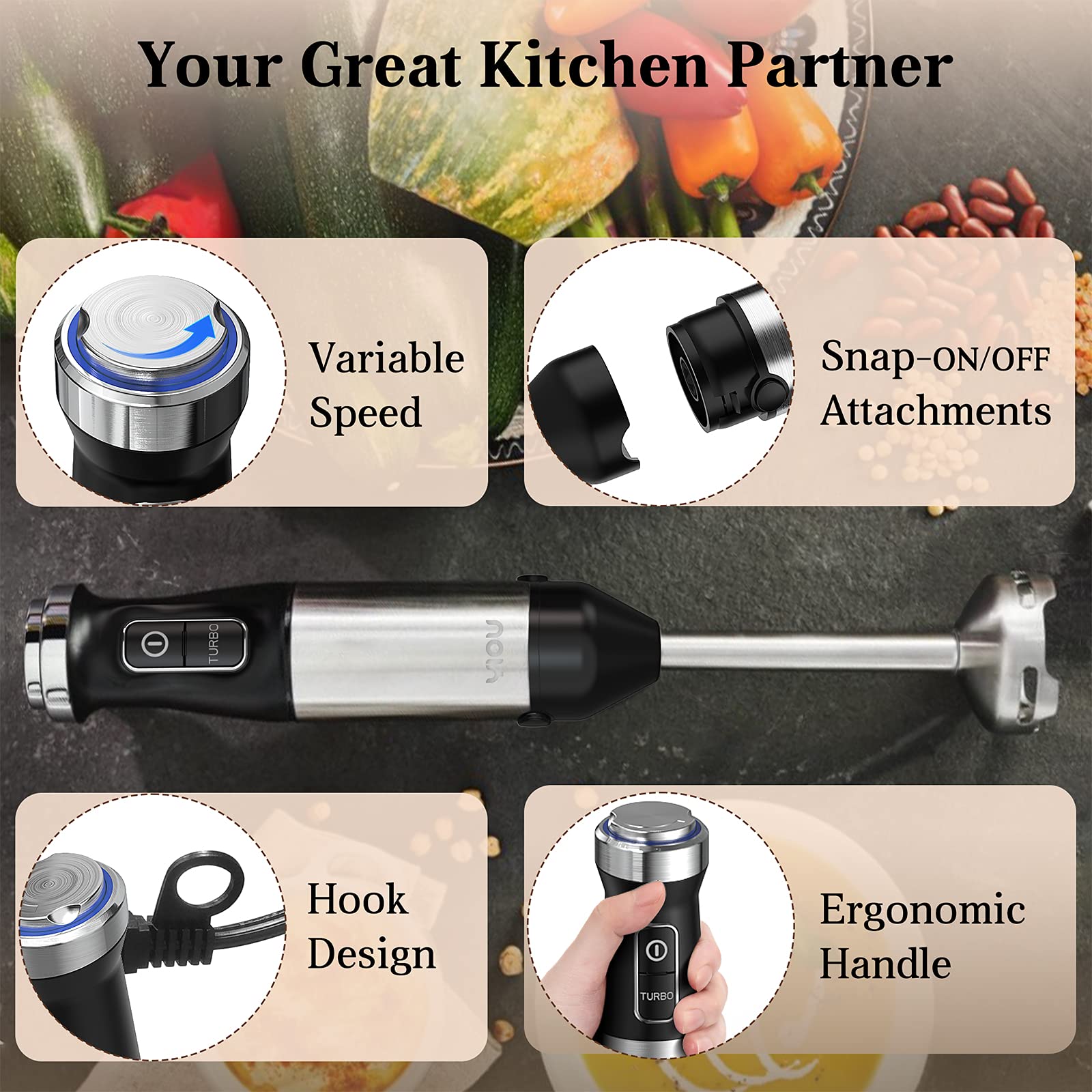 Yiou Immersion Blender, Ultra-Stick Hand Blender Variable Speed Hand Blender 500 Watt Heavy Duty Copper Motor Brushed 304 Stainless Steel For Soups Sauces And Smoothie, Set Black