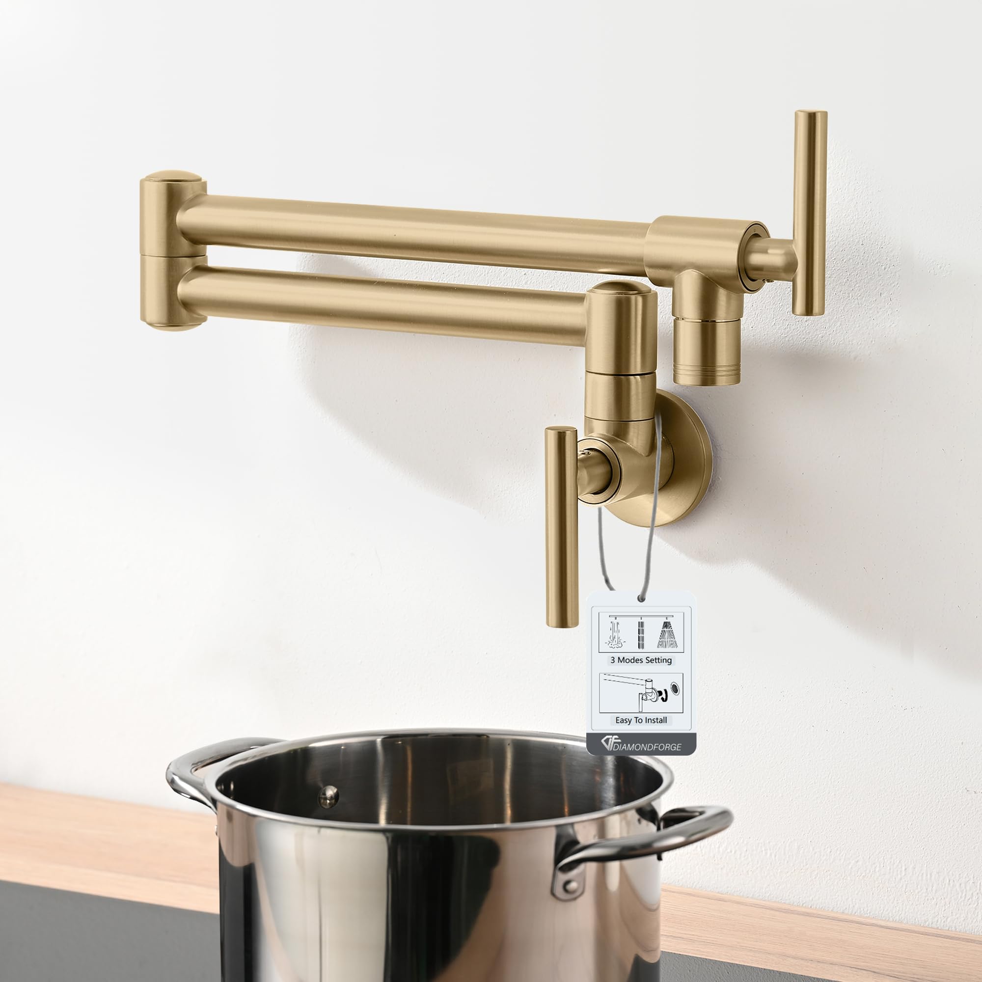 Diamondforge Pot Filler Faucets - For Kitchen, Sink, Stove And Bar With Brass Wall Mount Double Joint Swing Arms - Leak  Designs With High-Flow Aerators - Retractable And Folding Save Space - Brushed Gold
