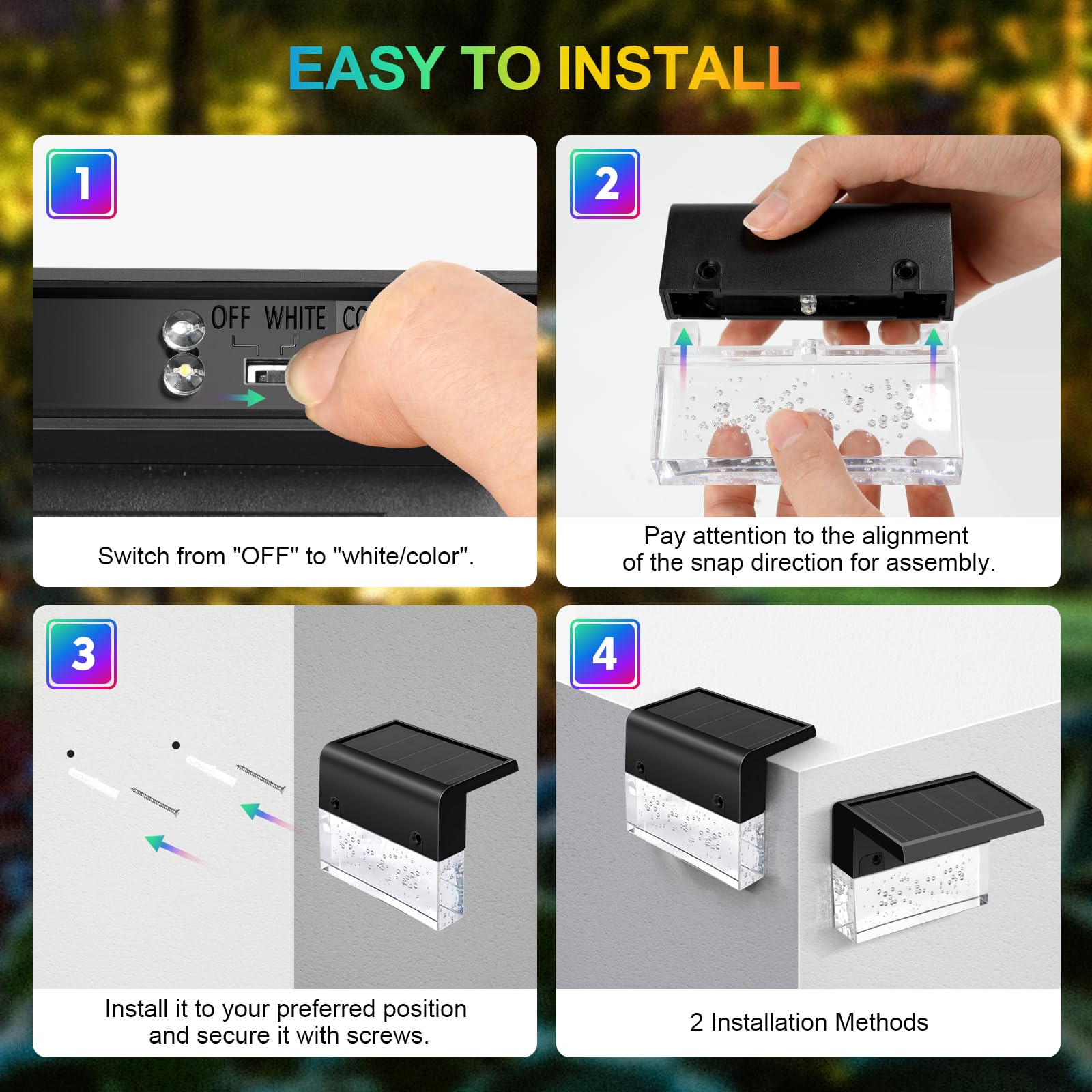 Tech Orange Solar Lights Outdoor Waterproof 8 Pcs, 3.5" Bright Solar Fence Lights, 2 Modes Warm White And Rgb 7 Colors Automatic Deck Light Outdoor Waterproof Backyard Led Wall Light Stair Easter Garden Decor