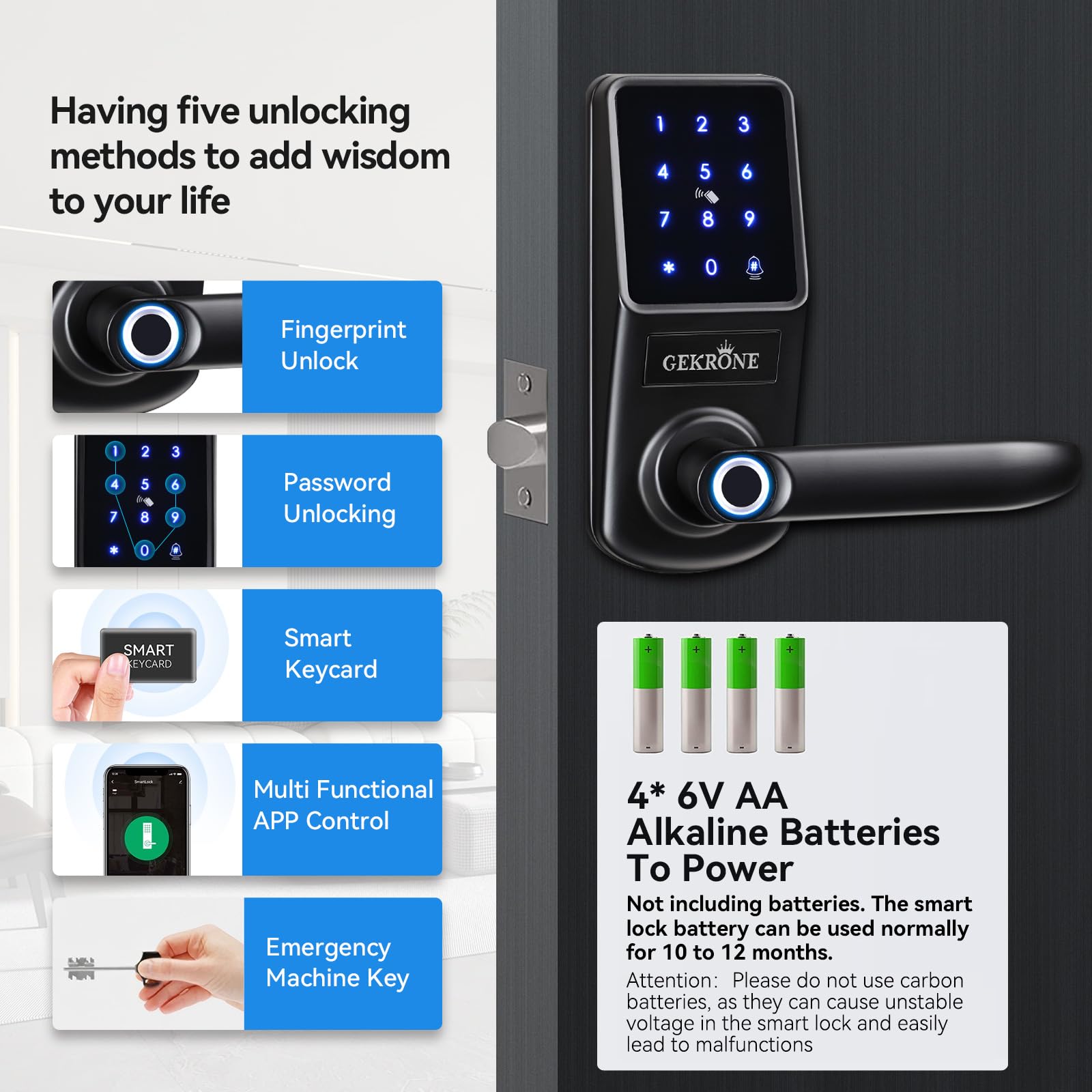 Gekrone Smart Fingerprint Lock With Lever Handle, Keypad Touchscreen Keyless Entry Front Door Knob, App Control Biometric Electronic Digital Deadbolt Set