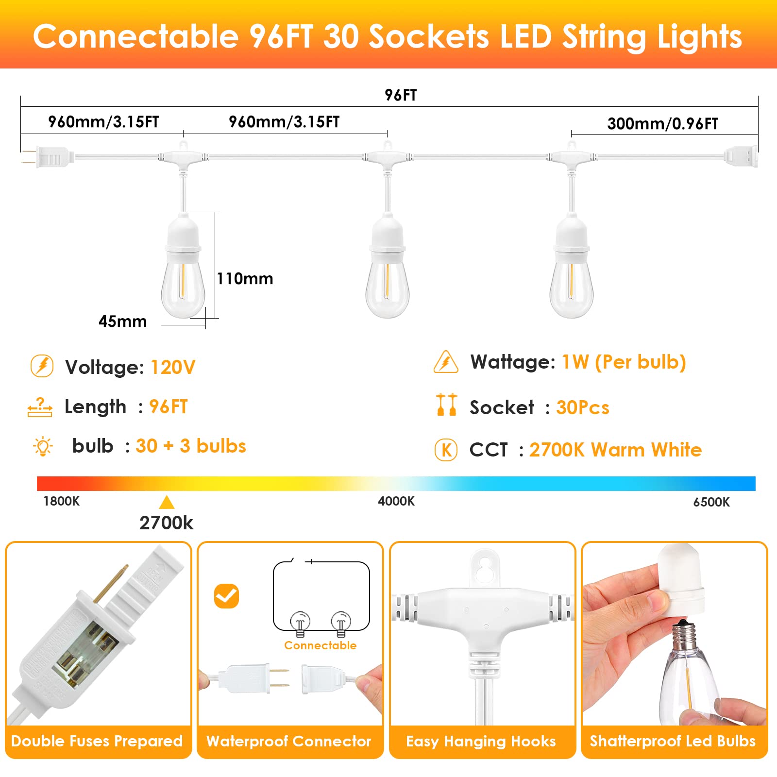 Mlambert White Cord 96Ft Outdoor String Lights With 30+3 Led Plastic Bulbs, Dimmable Waterproof Shatterproof Linkable Patio Light For Pergola Backyard