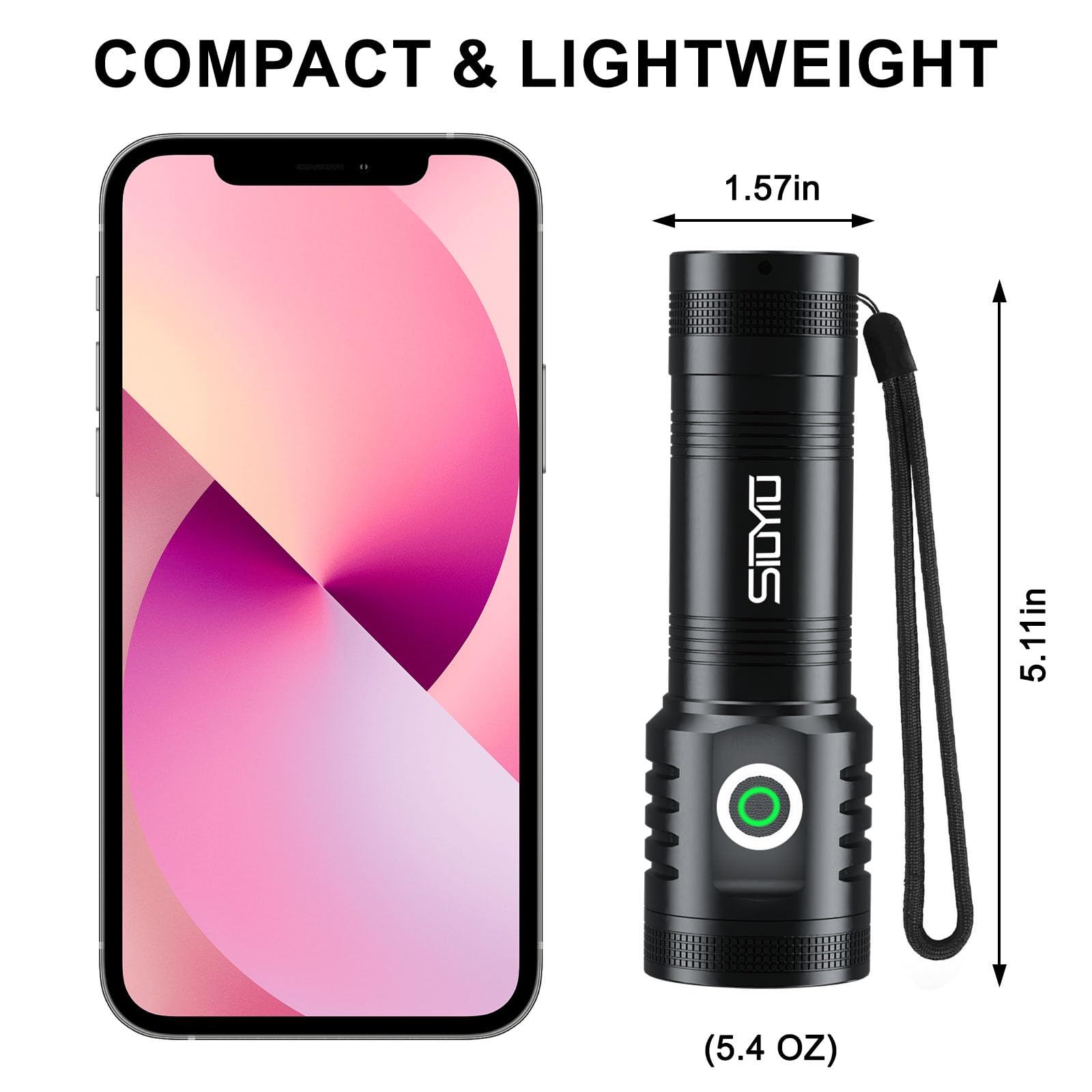 Siuyiu 4500Lumens Utility Flashlight Usb-C Rechargeable, Super Bright Flashlight, Led Flashlights High Lumens, With 5 Modes & Ipx4 Waterproof, 8H Runtime For Outdoor Emergency