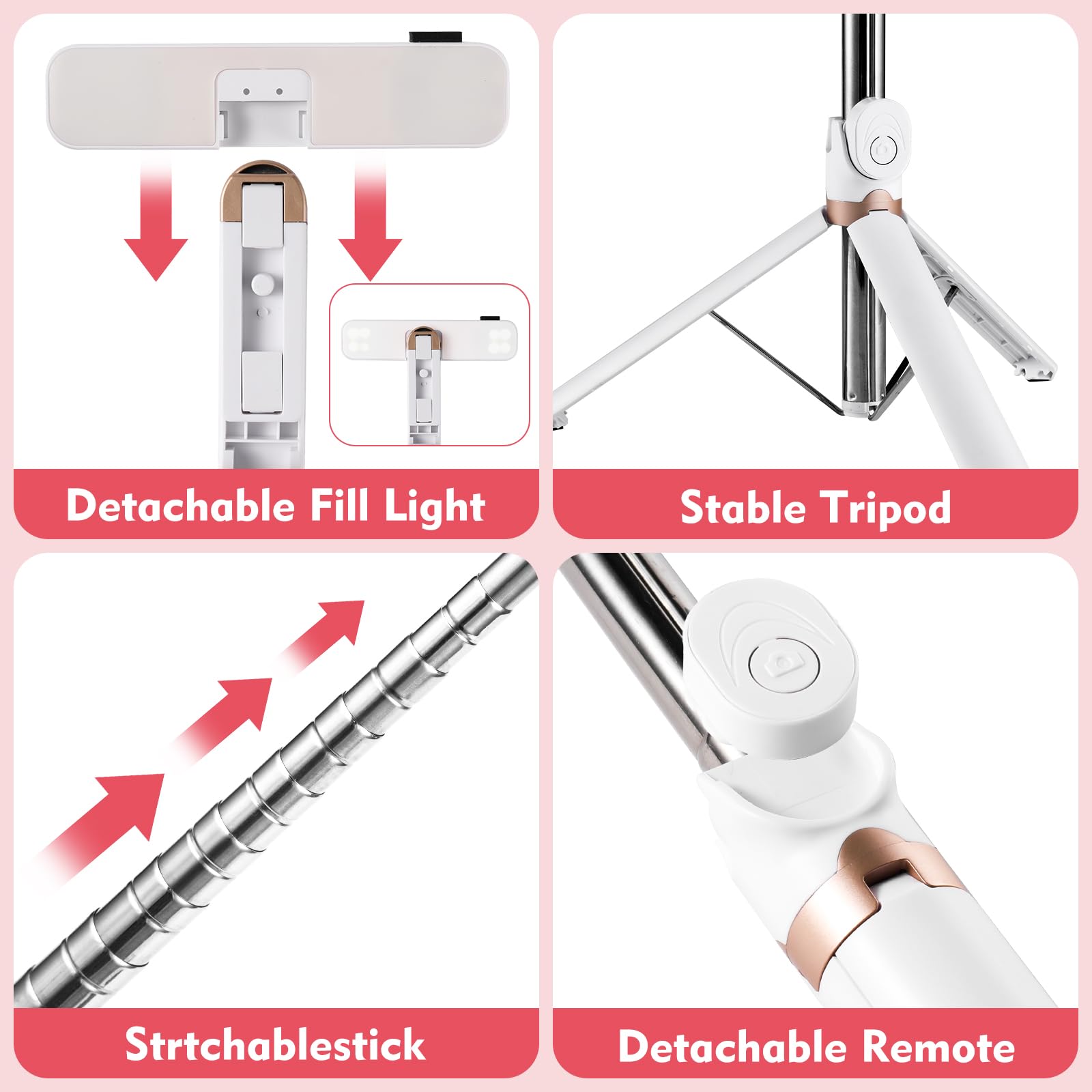 Mqouny Selfie Stick With Fill Light,Extendable Selfie Stick Rugged Tripod With Wireless Remote Compatible With Iphone 14 13 12 11 Pro Xs Max Xr X 8 7 6 Plus, Android Samsung Smartphone (White)