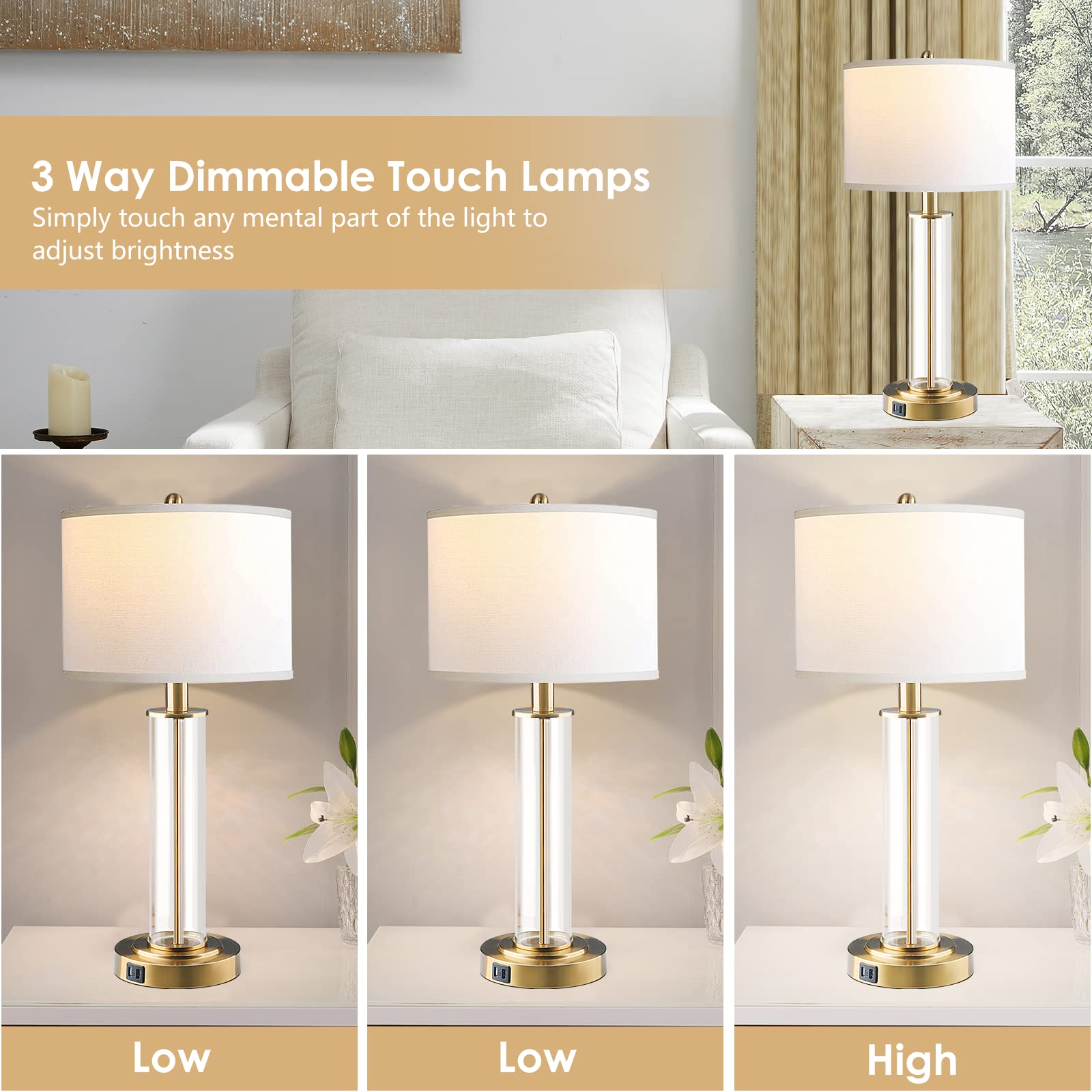Bdrofn Table Lamps For Living Room,Touch Control Gold Lamps For Bedrooms Set Of 2,Modern Bedside Table Lamp With Dual Usb Ports,Tall Nightstand Lamp With Whites Lampshades (2 Bulbs Included)