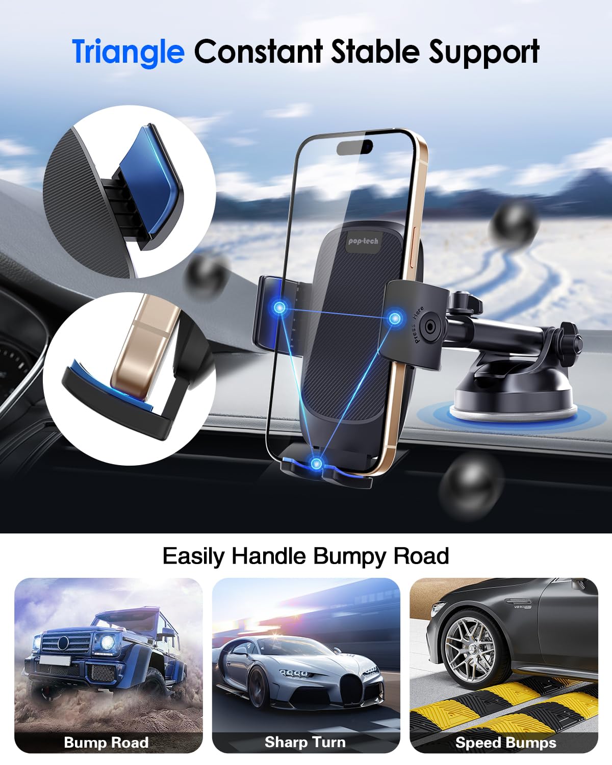 Pop-Tech Phone Mount For Car, [Military-Grade Suction] Universal Cell Phone Holder For Your Car Dashboard Windshield Window, Automobile Cradle Fit For Iphone Samsung All Smartphones With Thick Case