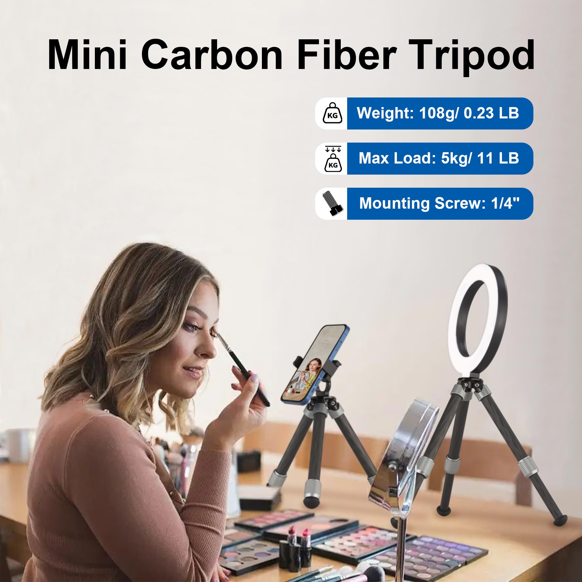Leofoto Carbon Fiber Small Tabletop Travel Tripod, Weight 108G/0.23Lb, Maxload 5Kg/11Lb, Lightweight Tripod Stand, 1/4" Inch Screw, For Camera/Phone Holder/Projector/Live Stream Light (Mt-02Cl)