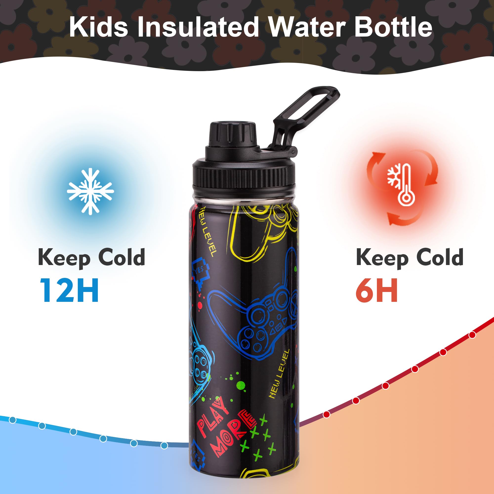 18Oz Insulated Water Bottle With Straw Lid & Spout Lid, Game Controller, For Kids Boys Girls