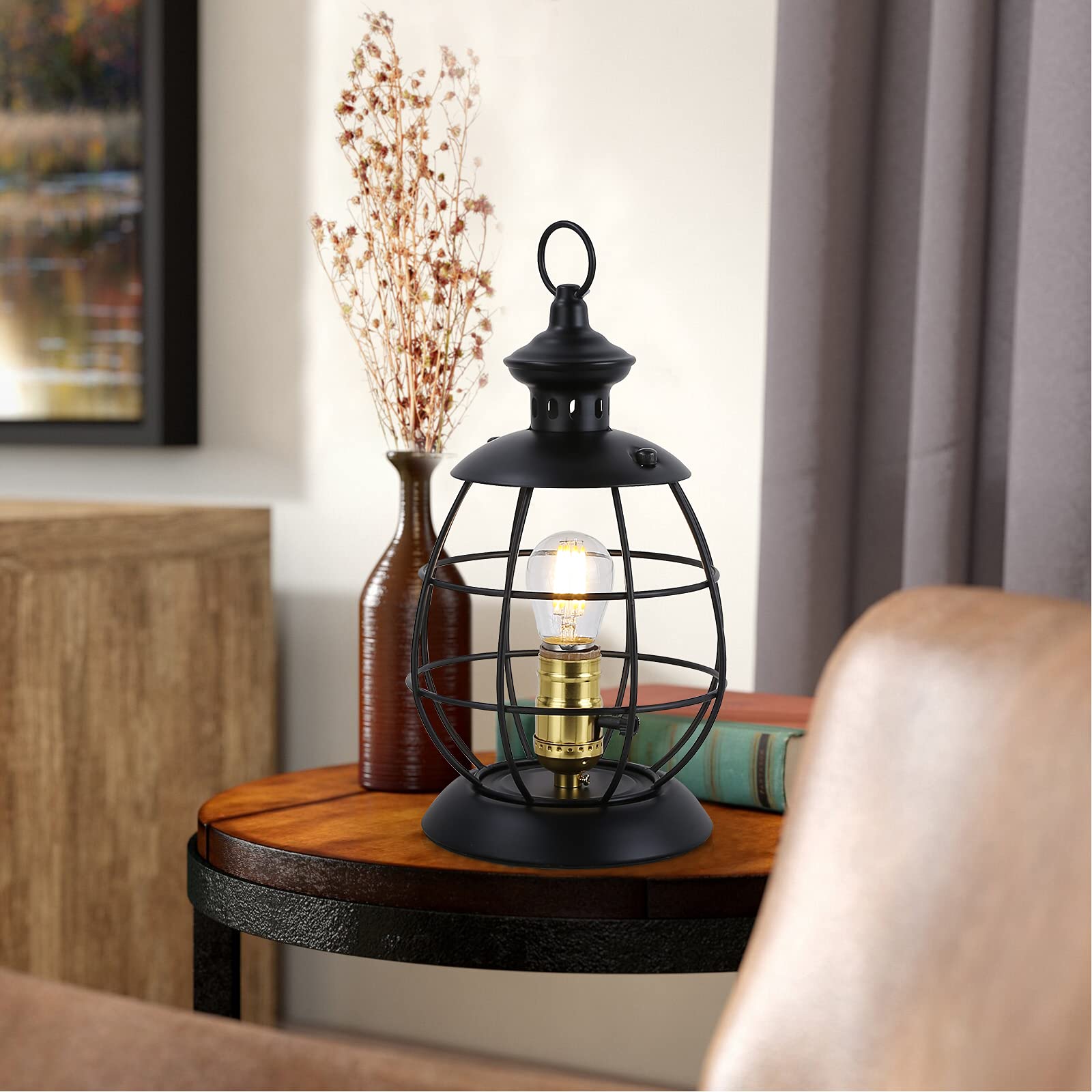 Cosylux Antique Industrial Electric Lantern Table Lamp For Bedroom Bedside, Metal Cage Shade Reading Desk Lamp With Hanging Hoop For Living Room, Modern Retro Mid-Century Farmhouse Décor Black(No Bulbs)
