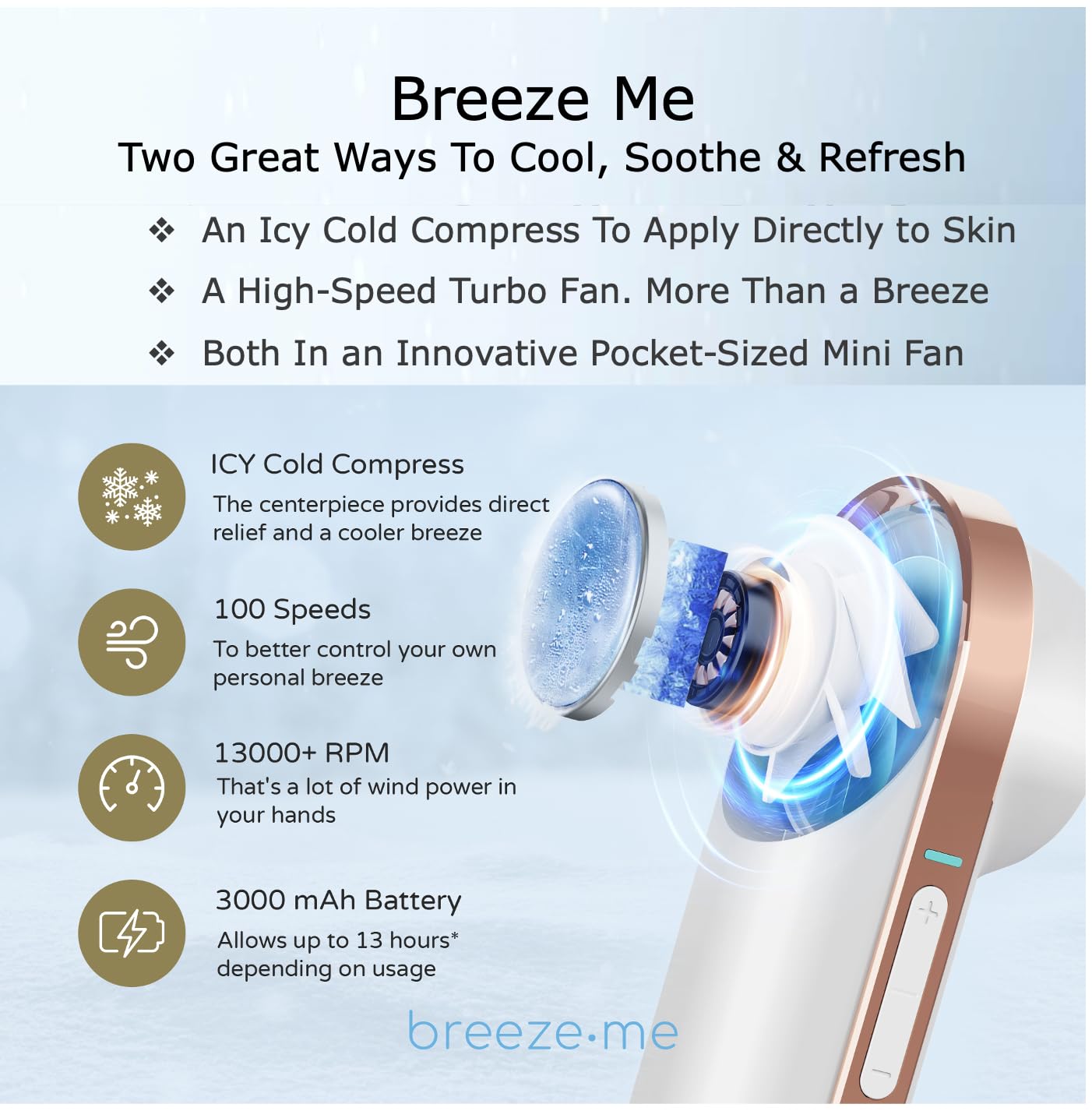 Turbo Mini Fan W Icy Cold Compress, Thermo-Tech Refrigeration, Small, Handheld, Rechargeable