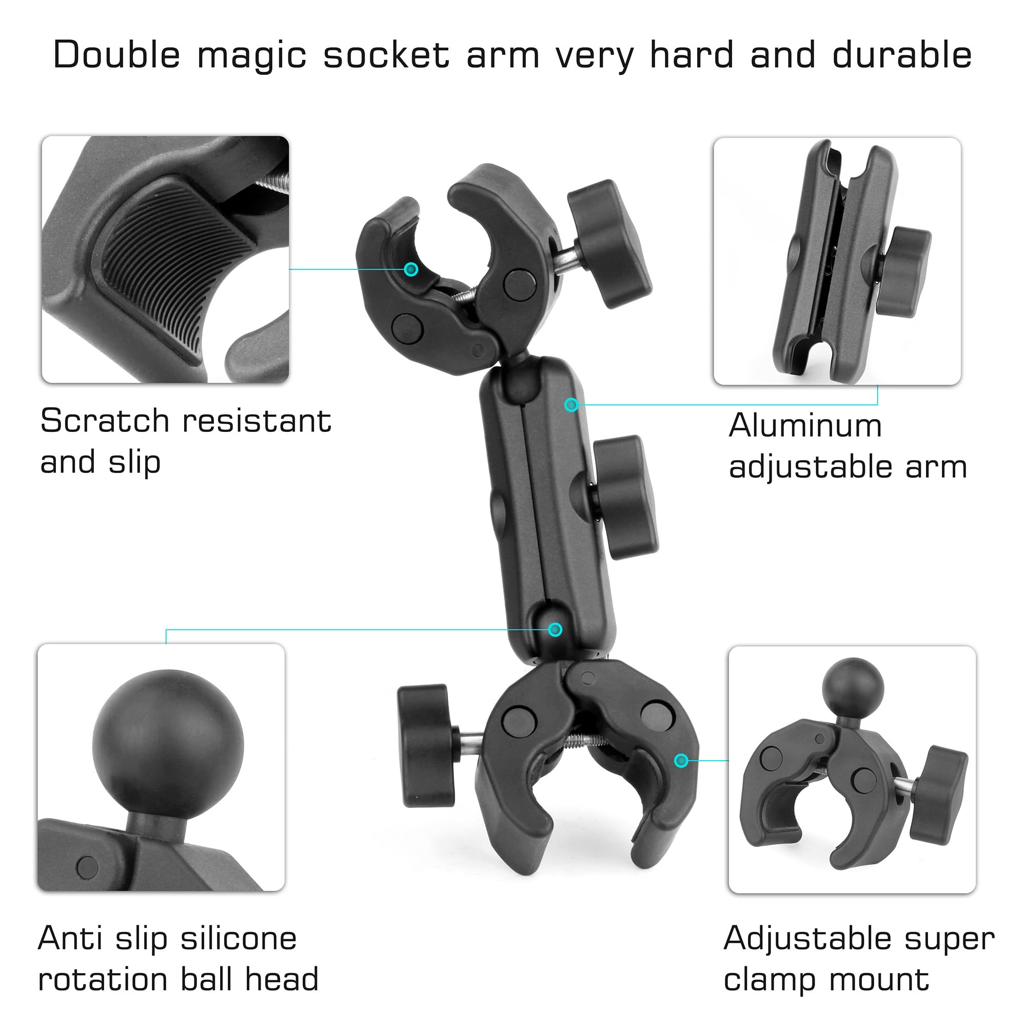 Gepuly Super Clamp Double Camera Clamp, 20-50Mm Aluminum Magic Arm Dual Ball Head Heavy Duty For Handlebar/Tripod/Photo Studio Light Stand/Umbrella Chair/Pole/Cross Bars/Motorcycle/Bike/Tabletop