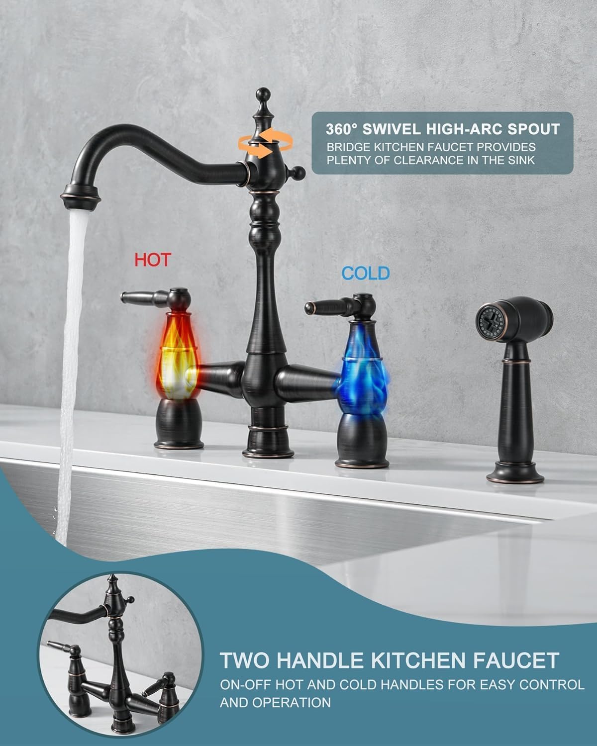 Aleasha Bridge Centerset Kitchen Sink Faucet, Deck Mount Brass Kitchen Faucet With Side Sprayer, 2 Handle 4 Hole 360° Swivel Vintage Farmhouse Copper Faucet, Oil Rubbed Bronze